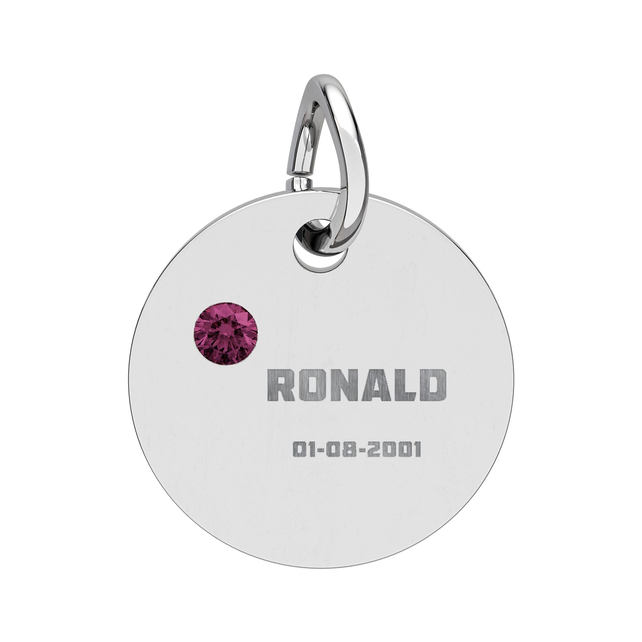 Personalised Circle Birthstone Charm, Bold Font, stainless steel with Amethyst birthstone