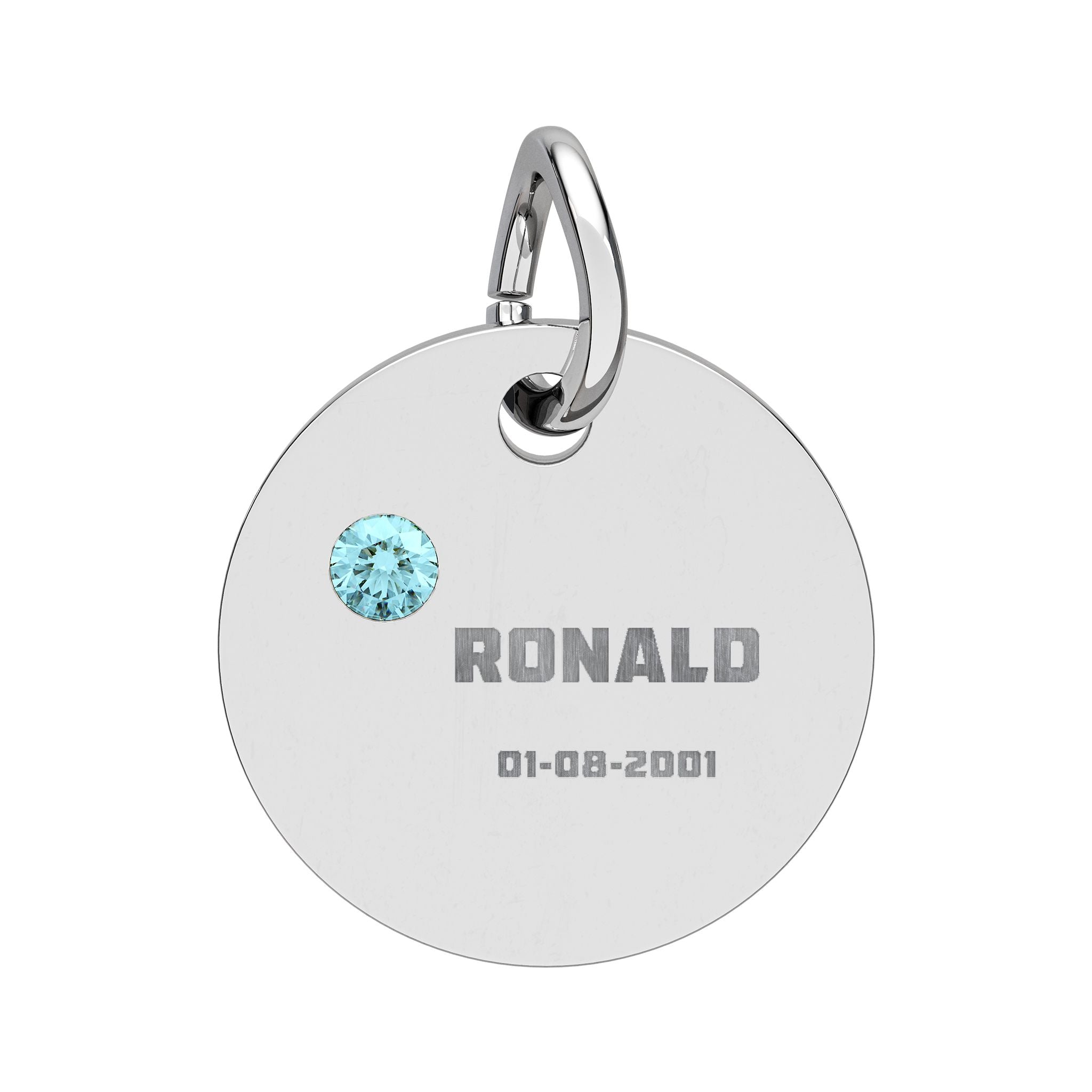 Personalised Circle Birthstone Charm, Bold Font, stainless steel with Aquamarine birthstone