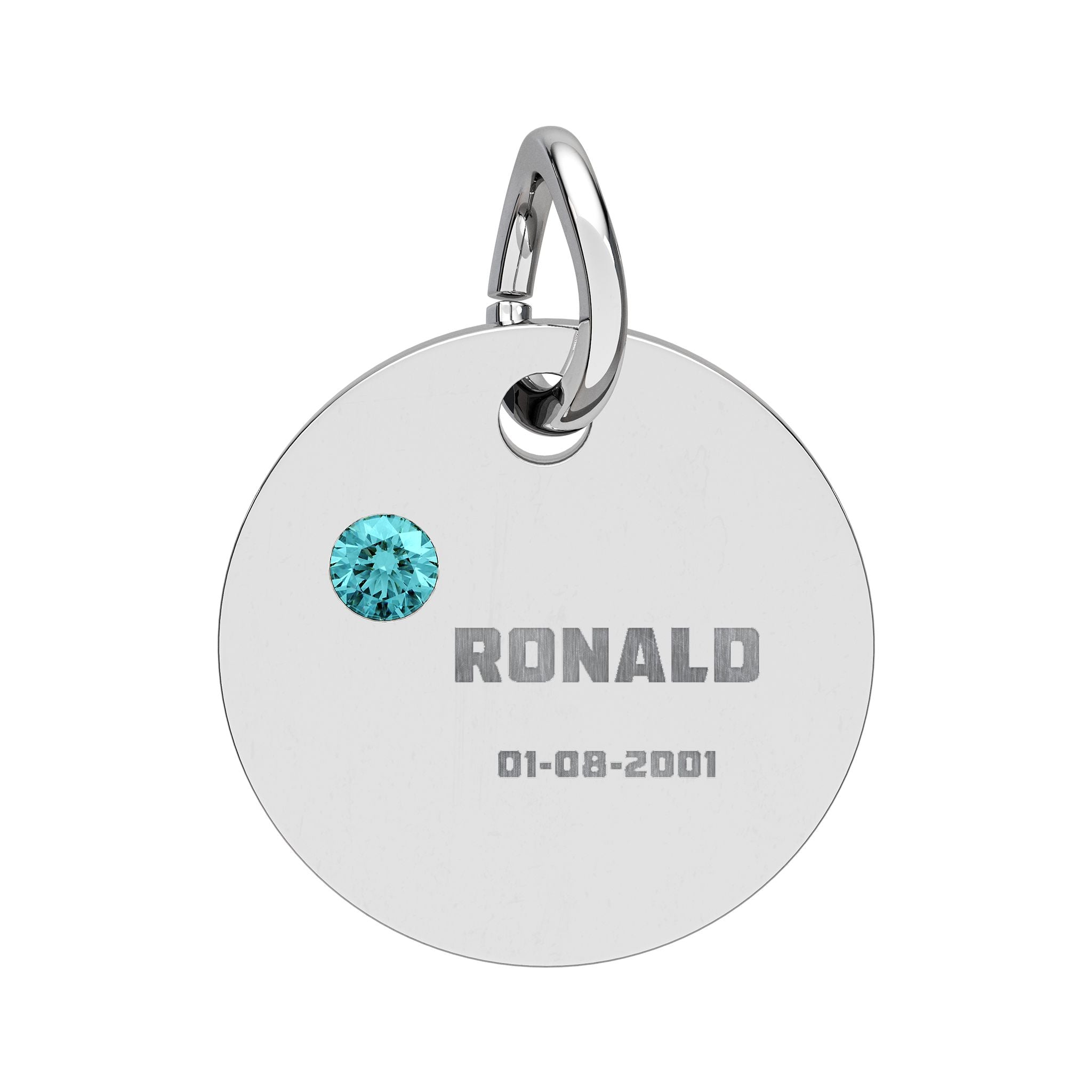Personalised Circle Birthstone Charm, Bold Font, stainless steel with Blue Zircon birthstone