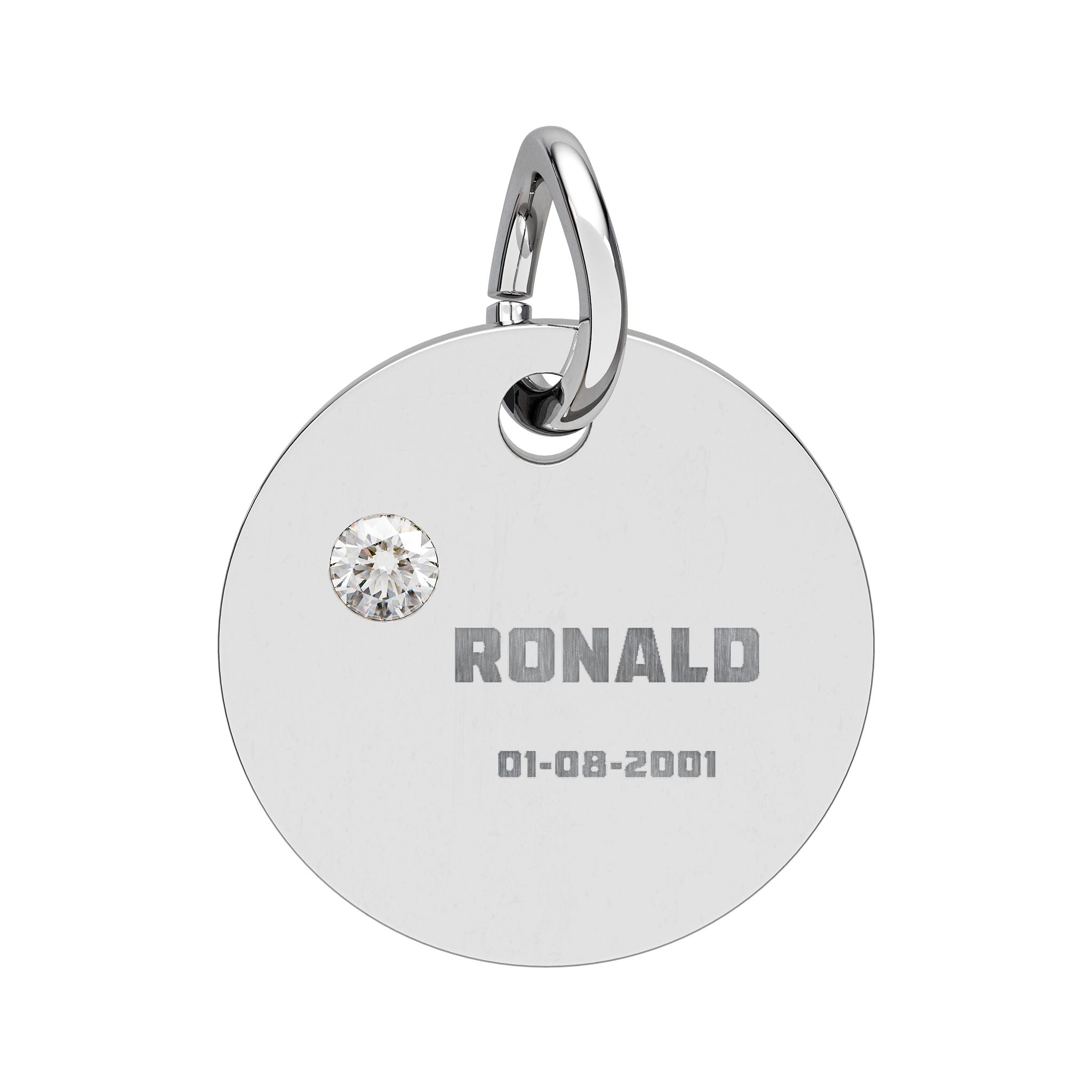 Personalised Circle Birthstone Charm, Bold Font, stainless steel with Diamond birthstone