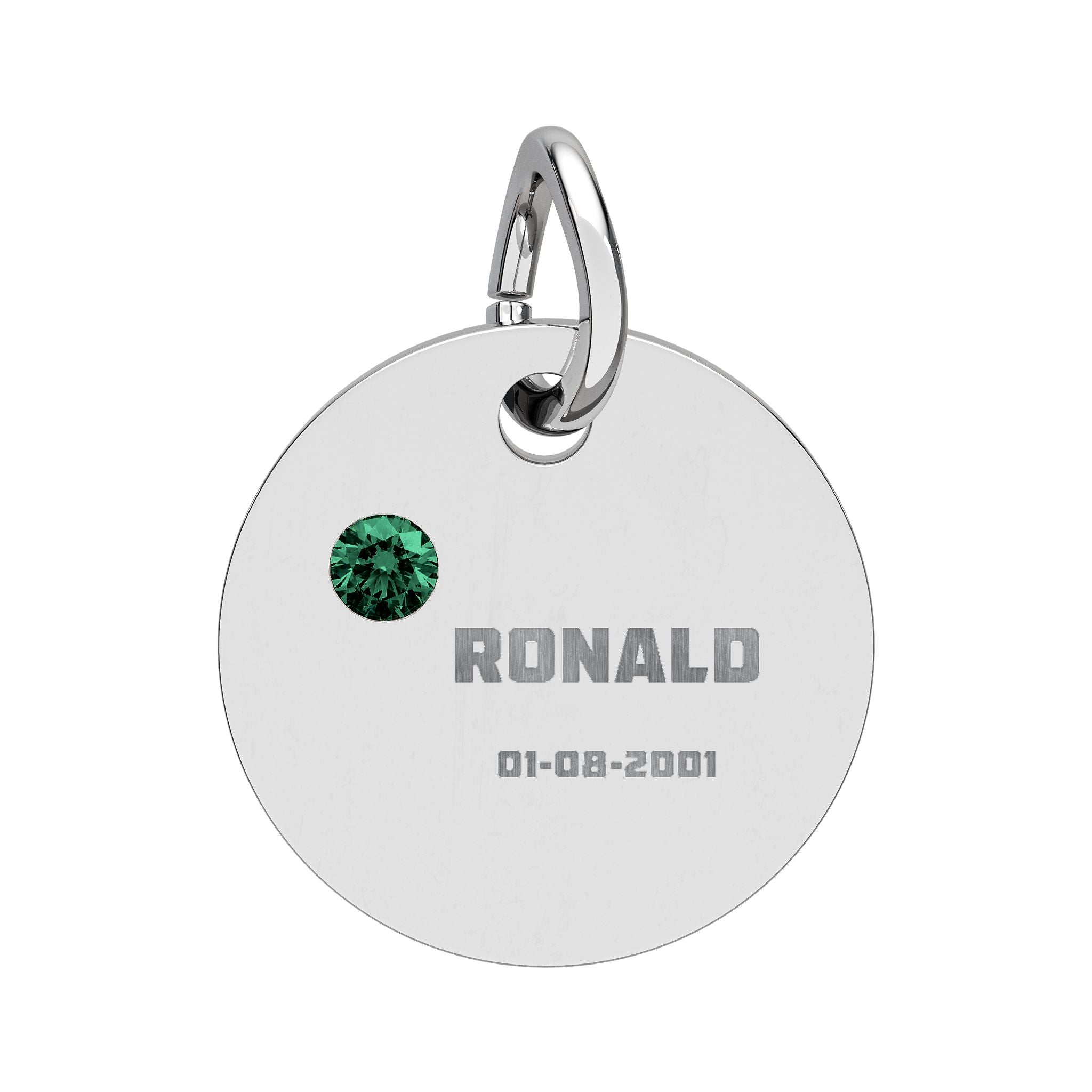 Personalised Circle Birthstone Charm, Bold Font, stainless steel with Emerald birthstone