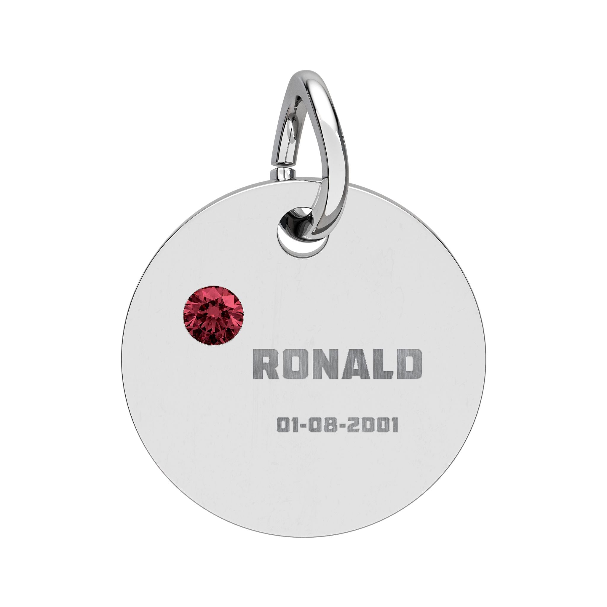Personalised Circle Birthstone Charm, Bold Font, stainless steel with Garnet birthstone