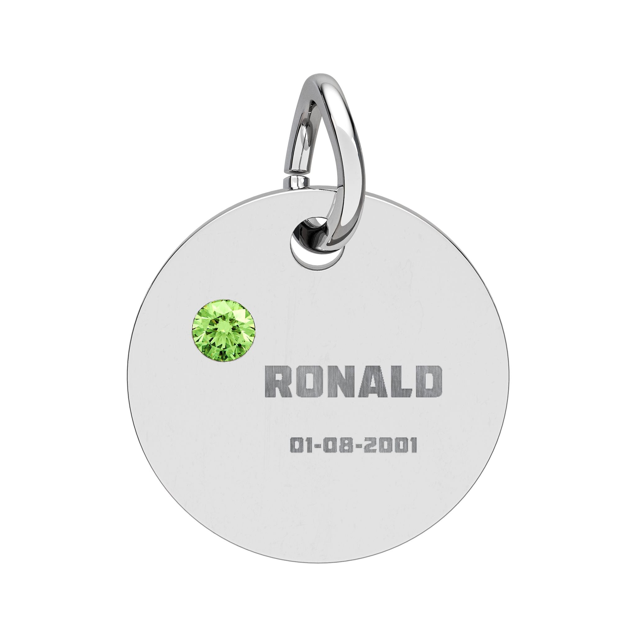 Personalised Circle Birthstone Charm, Bold Font, stainless steel with Peridot birthstone