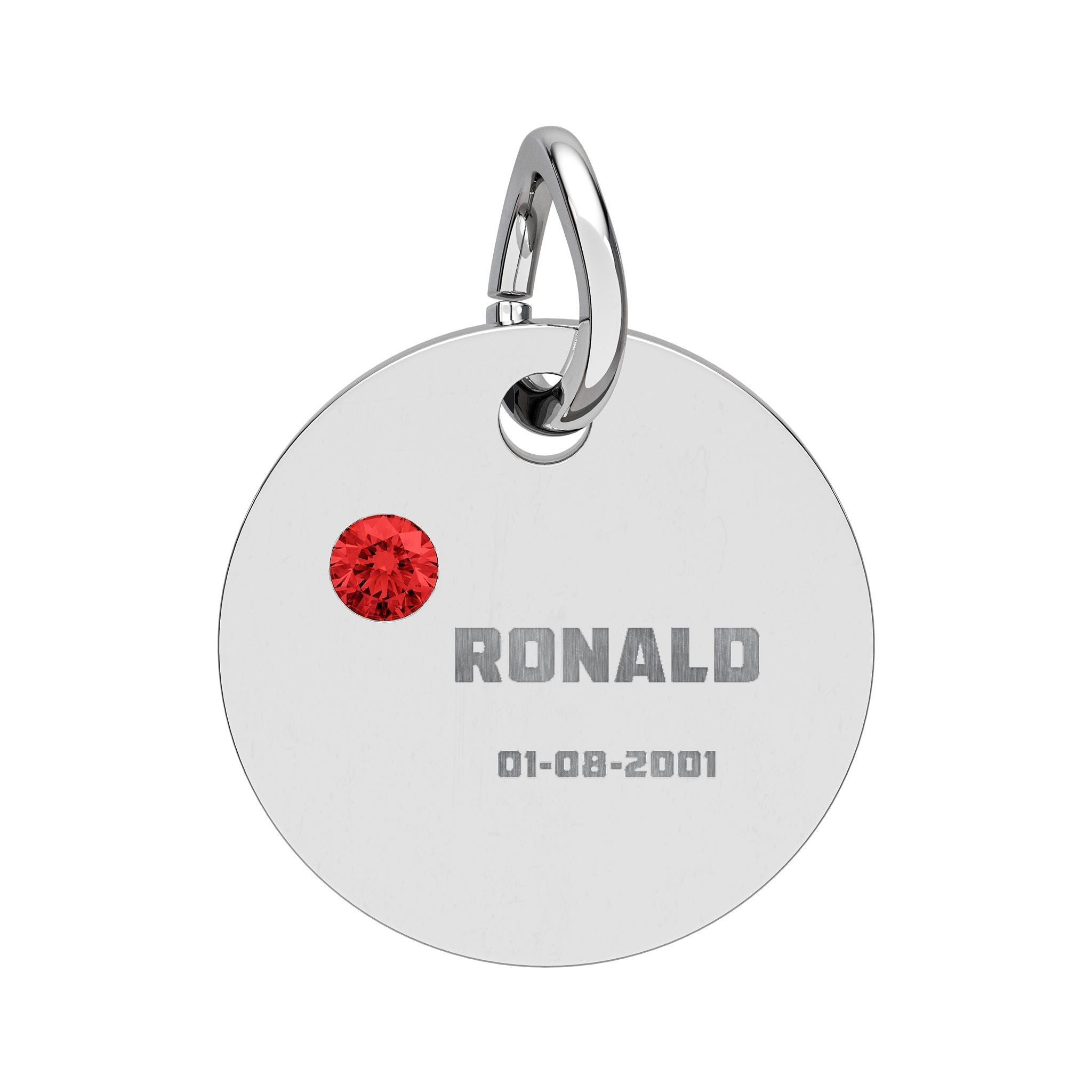 Personalised Circle Birthstone Charm, Bold Font, stainless steel with Ruby birthstone