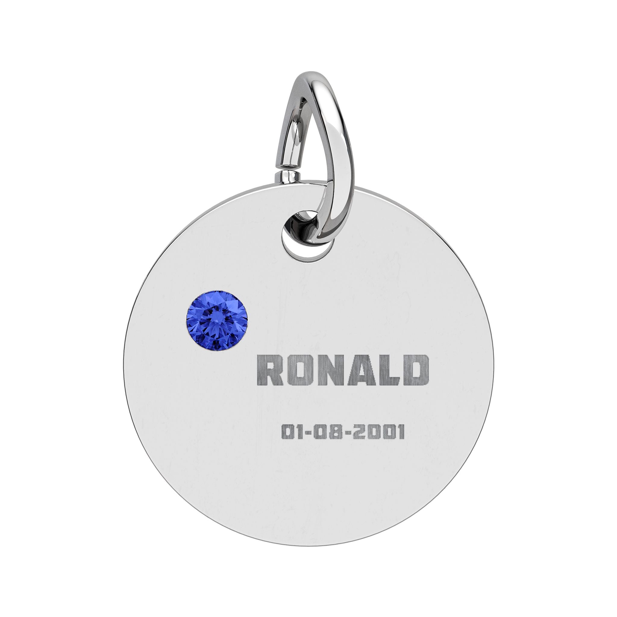 Personalised Circle Birthstone Charm, Bold Font, stainless steel with Sapphire birthstone