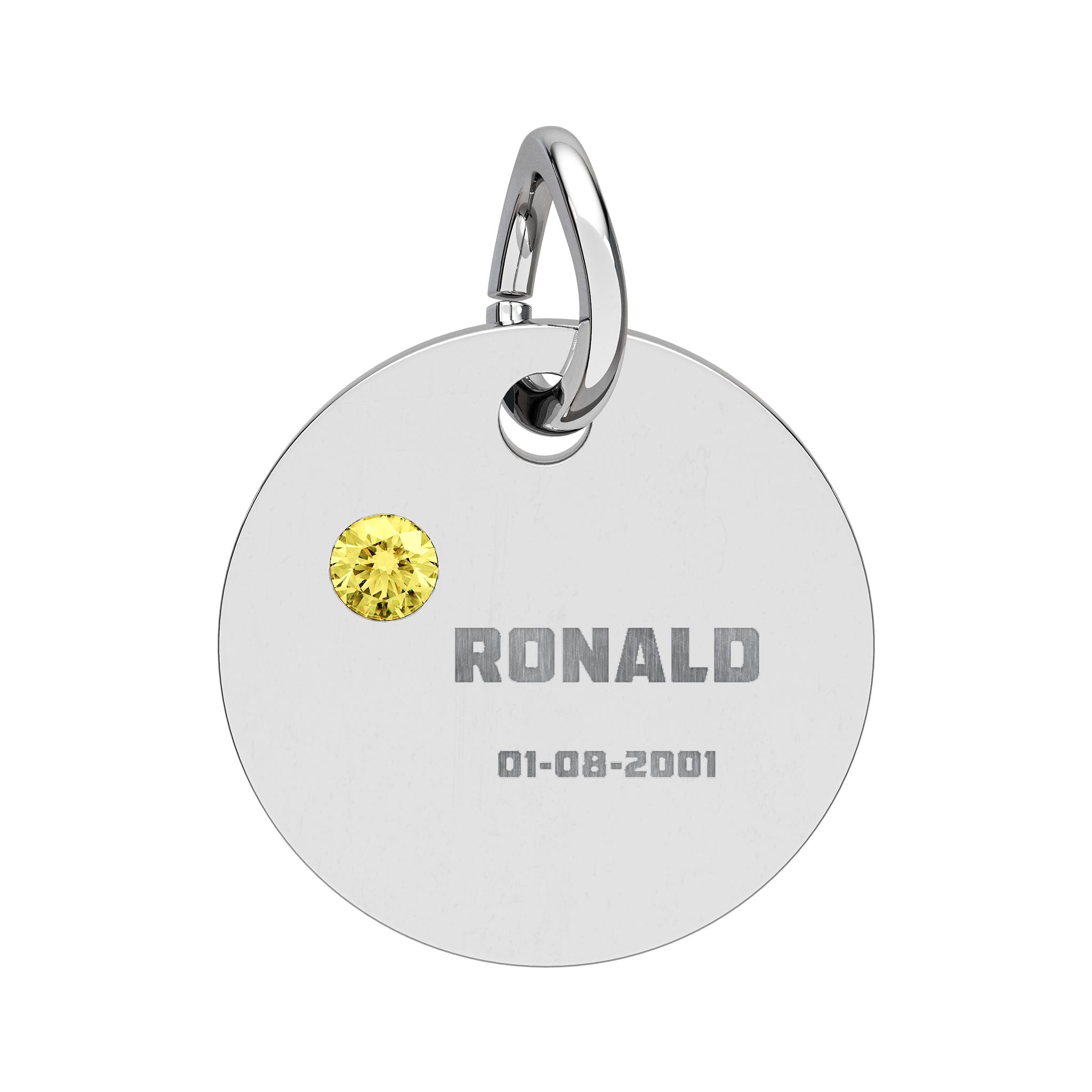 Personalised Circle Birthstone Charm, Bold Font, stainless steel with Topaz birthstone