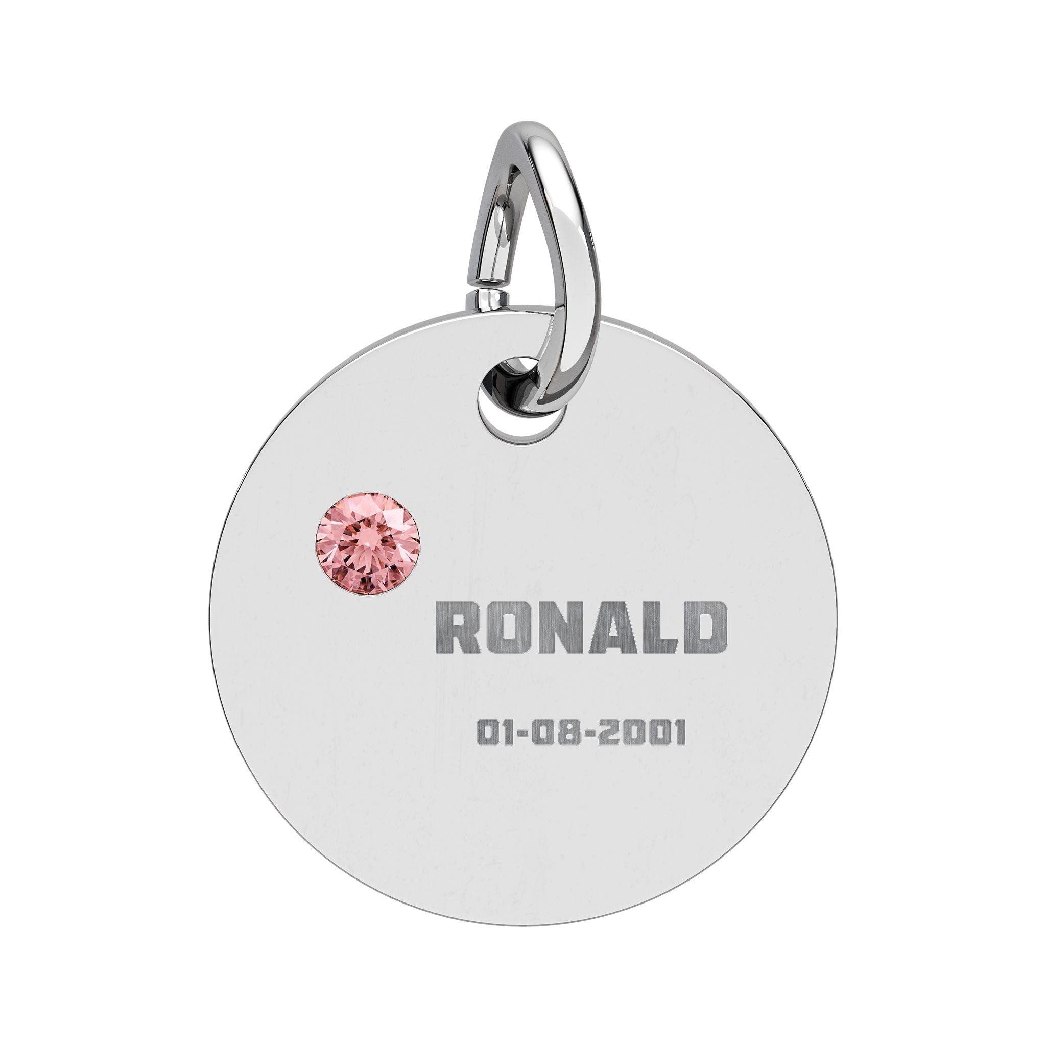 Personalised Circle Birthstone Charm, Bold Font, stainless steel with Tourmaline birthstone
