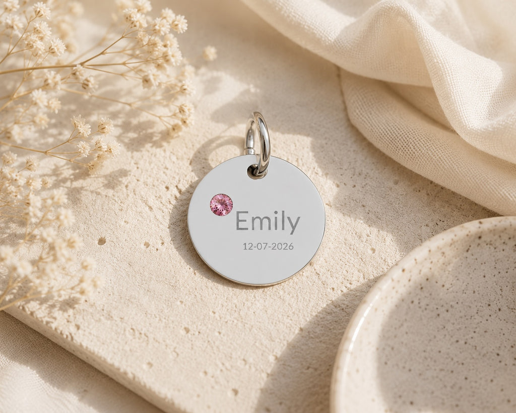 Personalised Circle Birthstone Charm, Modern Font, lifestyle flat lay shot