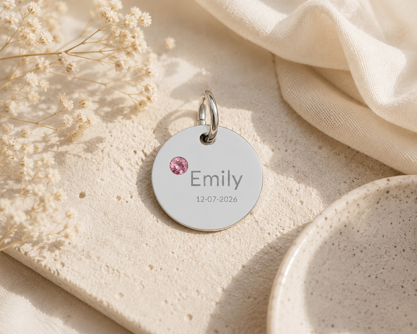 Personalised Circle Birthstone Charm, Modern Font, lifestyle flat lay shot