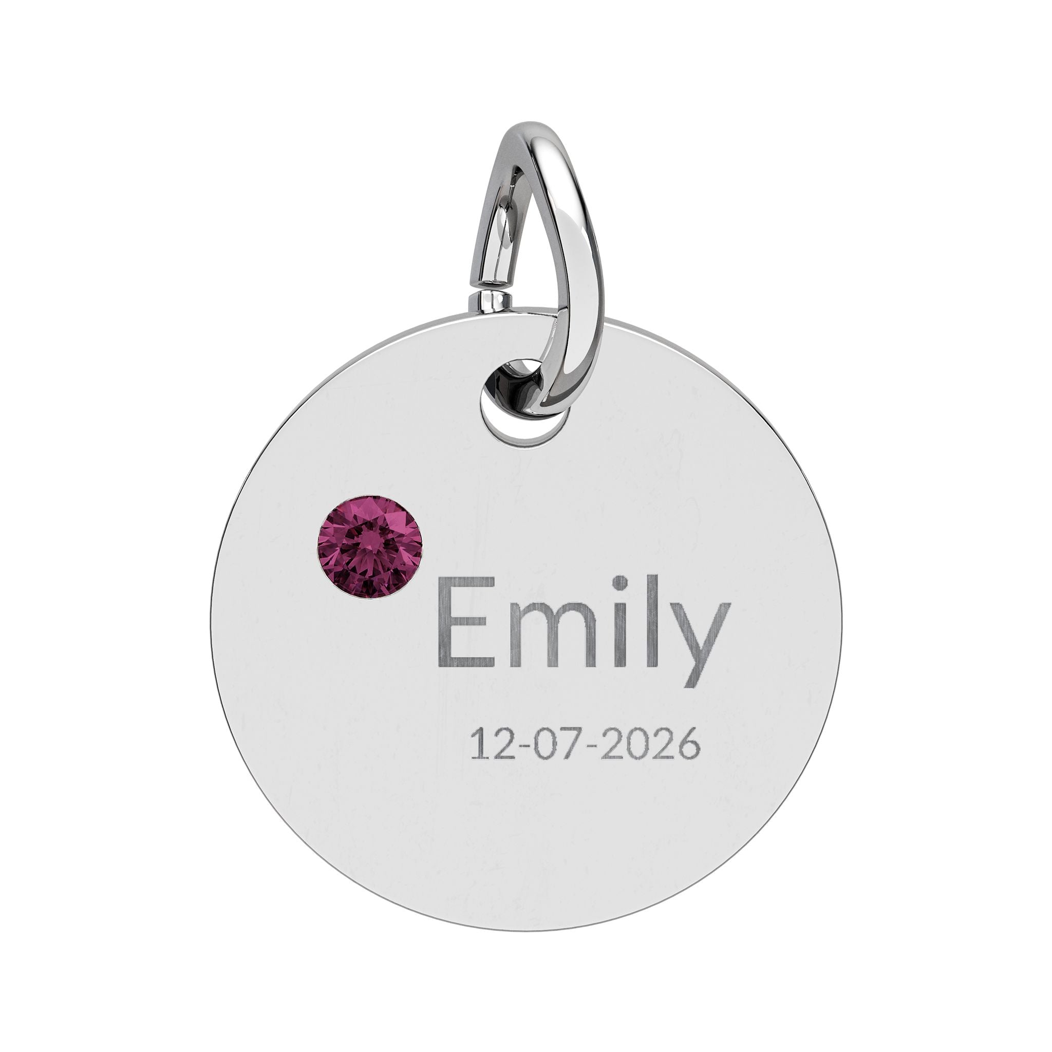Personalised Circle Birthstone Charm, Modern Font, stainless steel with Amethyst birthstone
