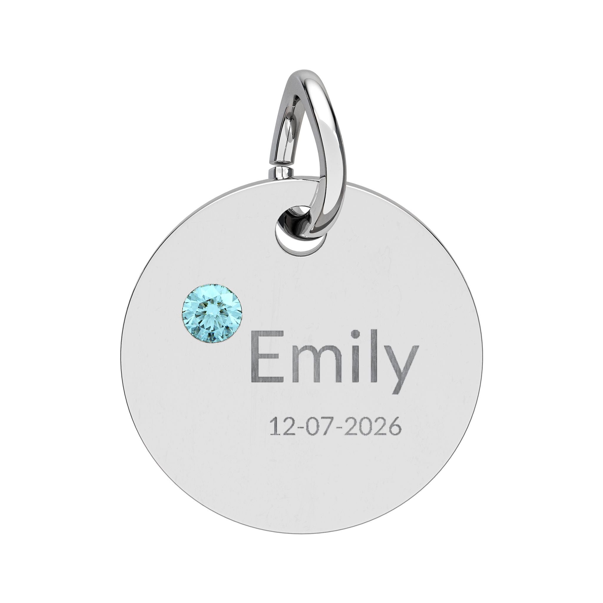 Personalised Circle Birthstone Charm, Modern Font, stainless steel with Aquamarine birthstone
