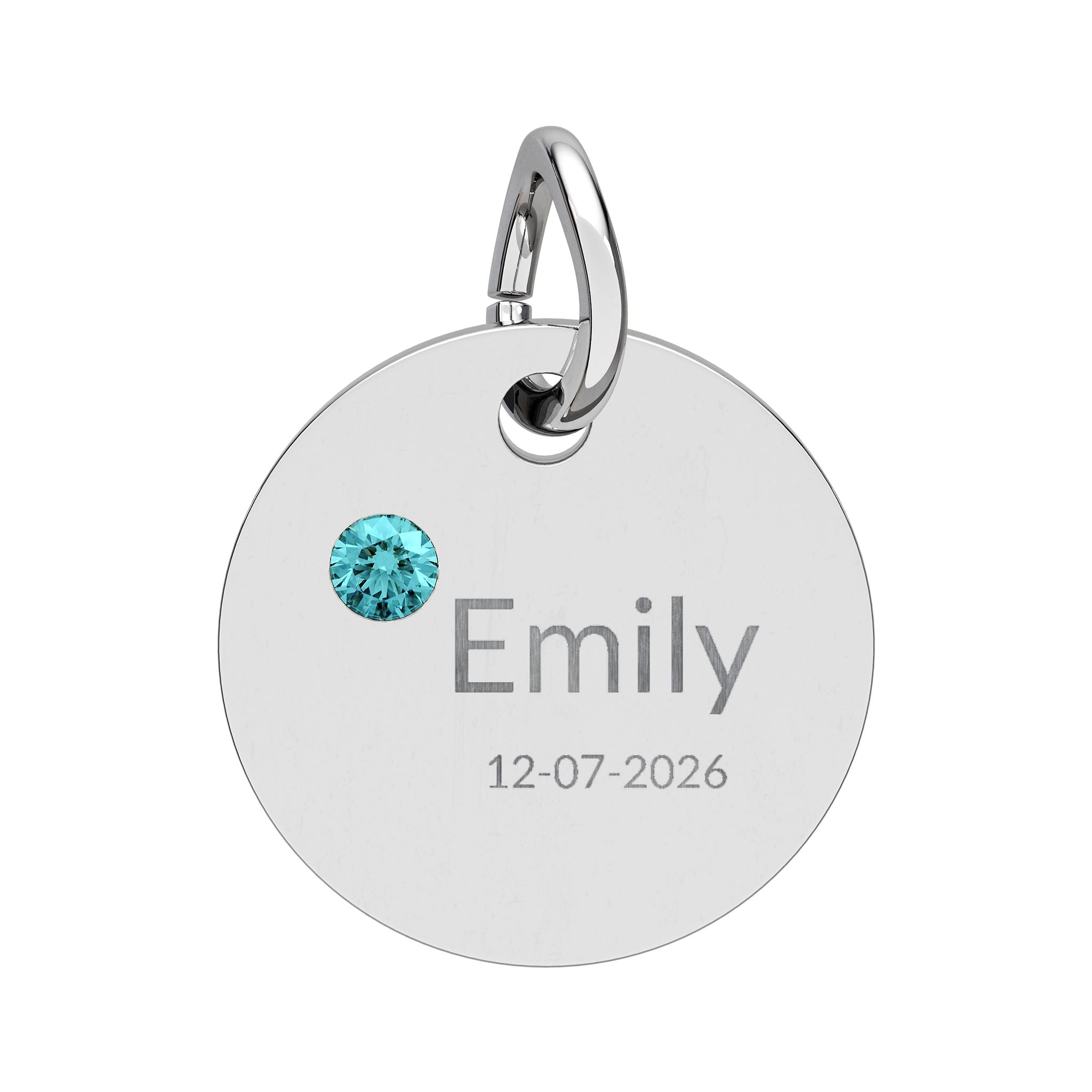 Personalised Circle Birthstone Charm, Modern Font, stainless steel with Blue Zircon birthstone