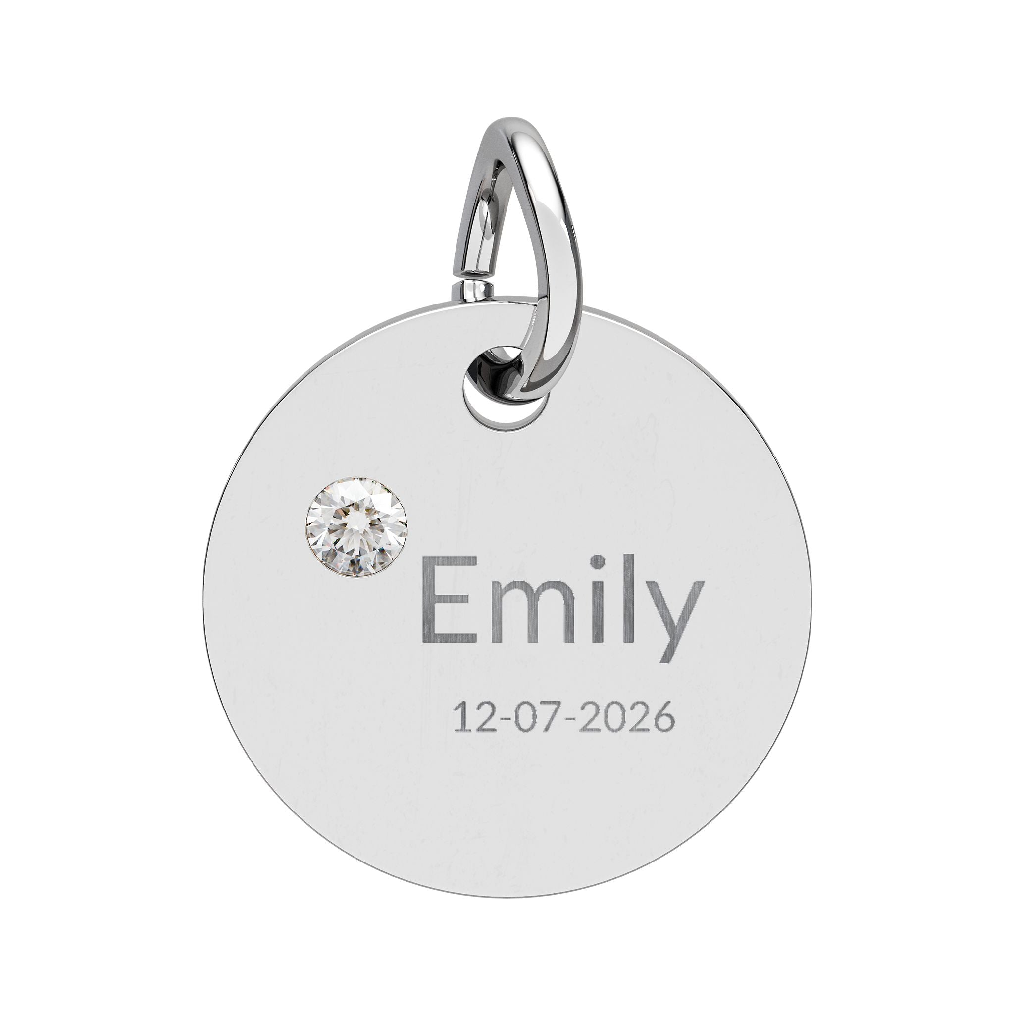 Personalised Circle Birthstone Charm, Modern Font, stainless steel with Diamond birthstone
