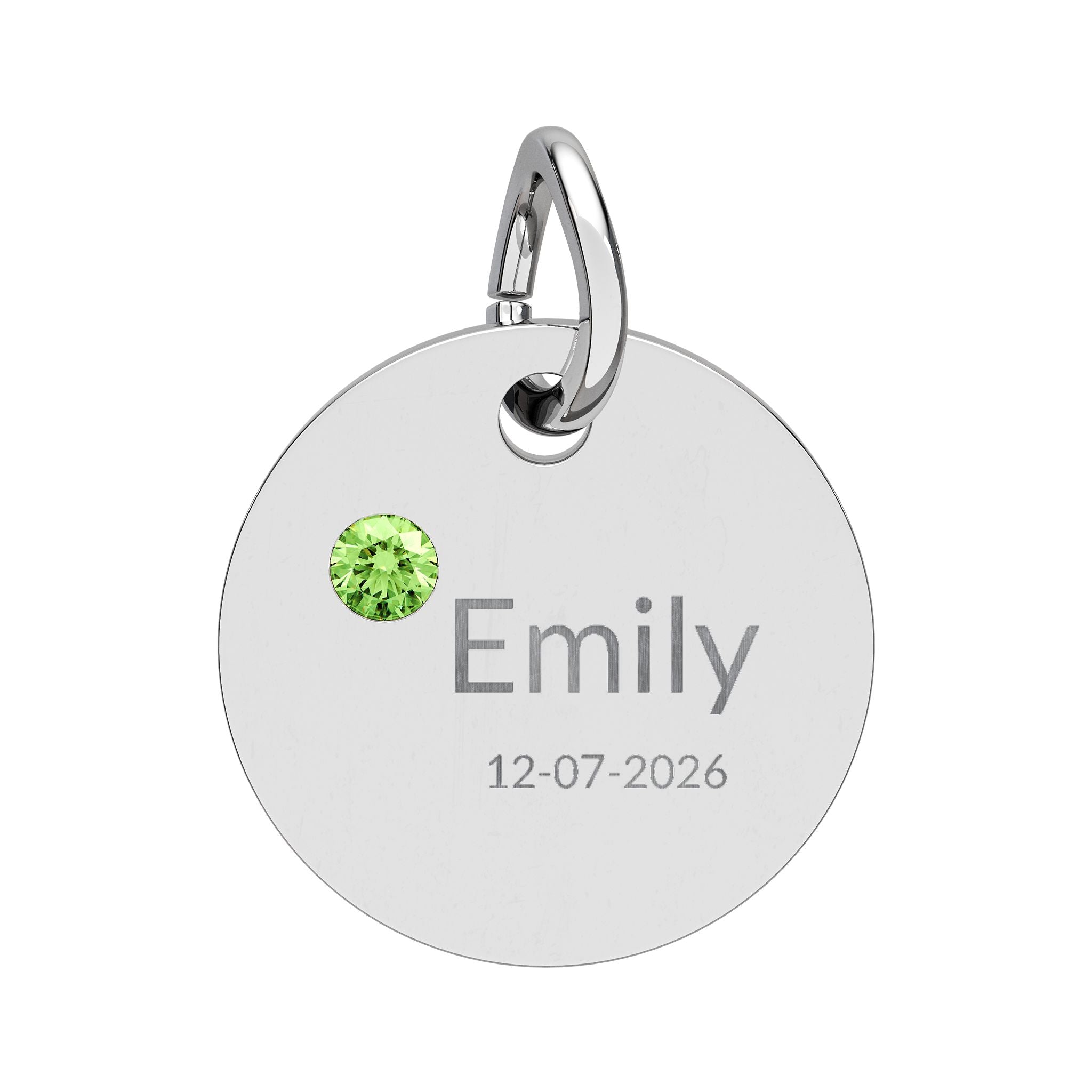 Personalised Circle Birthstone Charm, Modern Font, stainless steel with Peridot birthstone