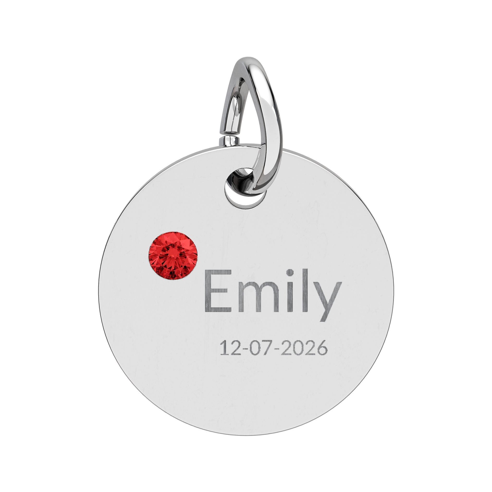 Personalised Circle Birthstone Charm, Modern Font, stainless steel with Ruby birthstone