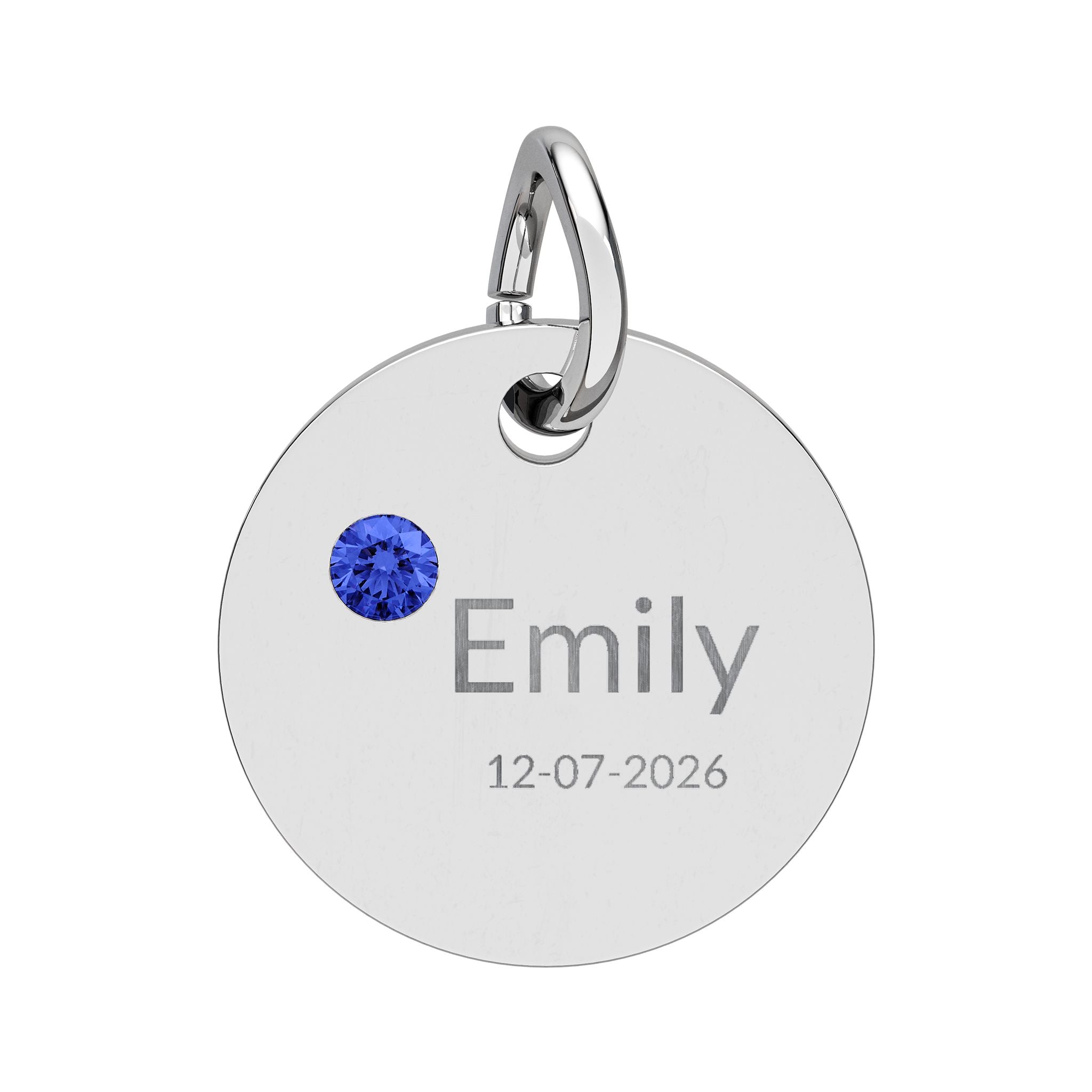 Personalised Circle Birthstone Charm, Modern Font, stainless steel with Sapphire birthstone