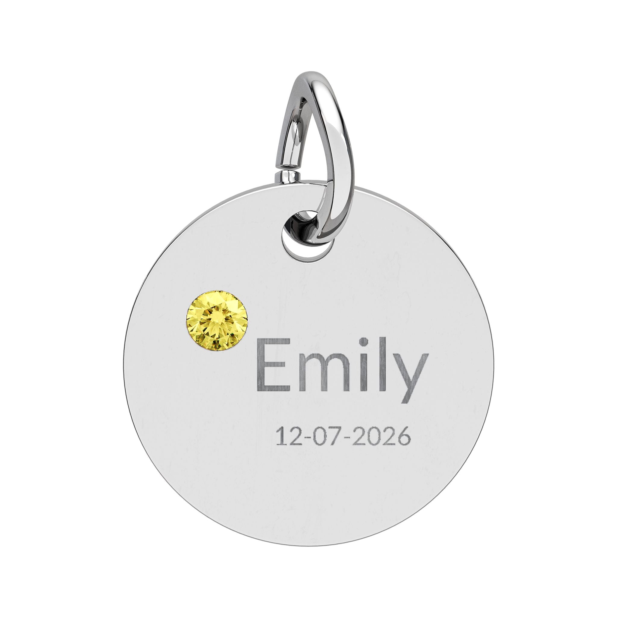 Personalised Circle Birthstone Charm, Modern Font, stainless steel with Topaz birthstone