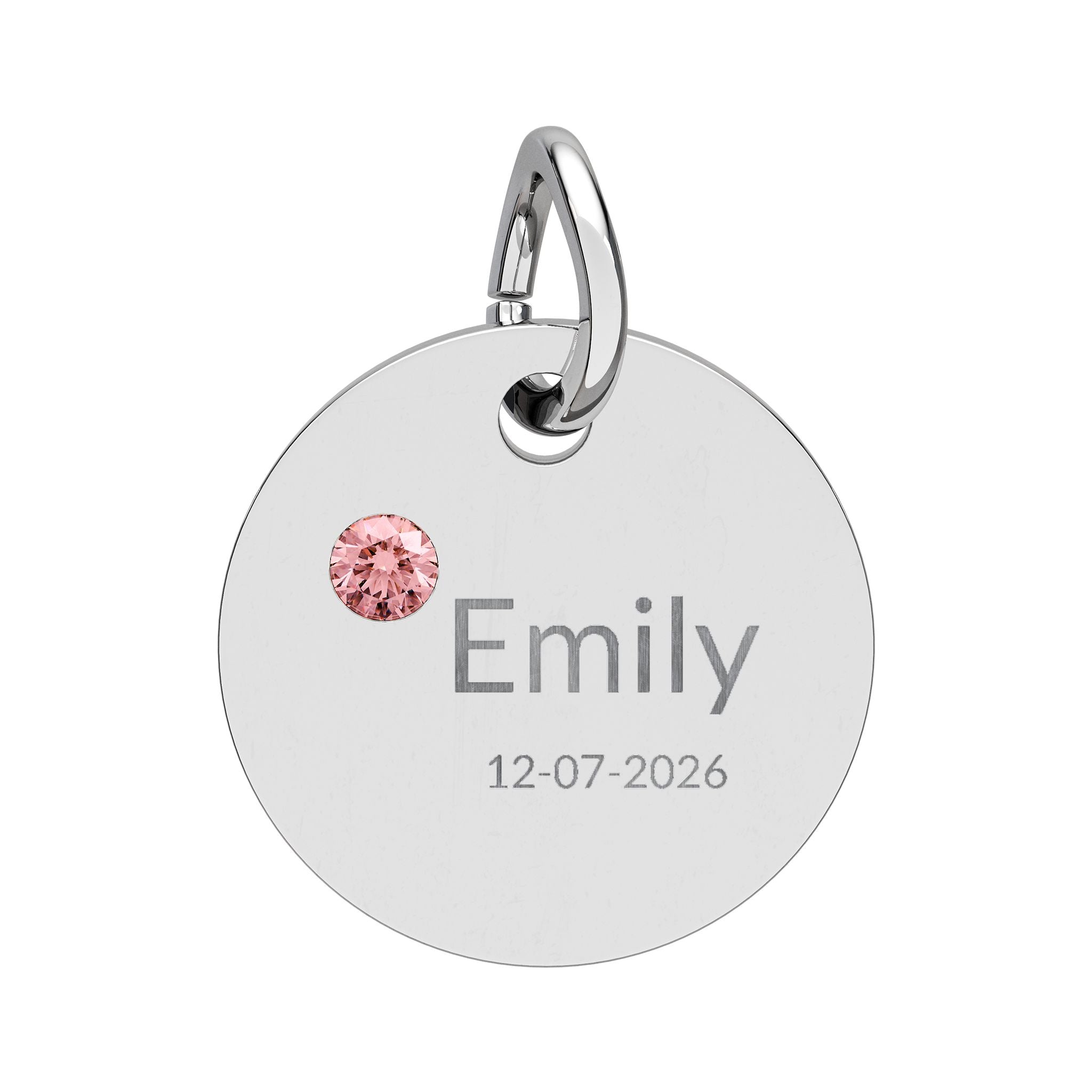 Personalised Circle Birthstone Charm, Modern Font, stainless steel with Tourmaline birthstone