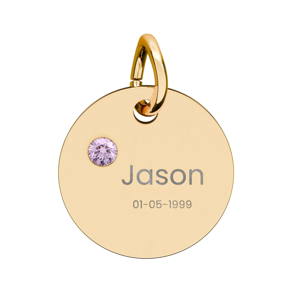 Personalised Circle Birthstone Charm, Rounded Font, gold with colored birthstone (variant preview 1 of 13)