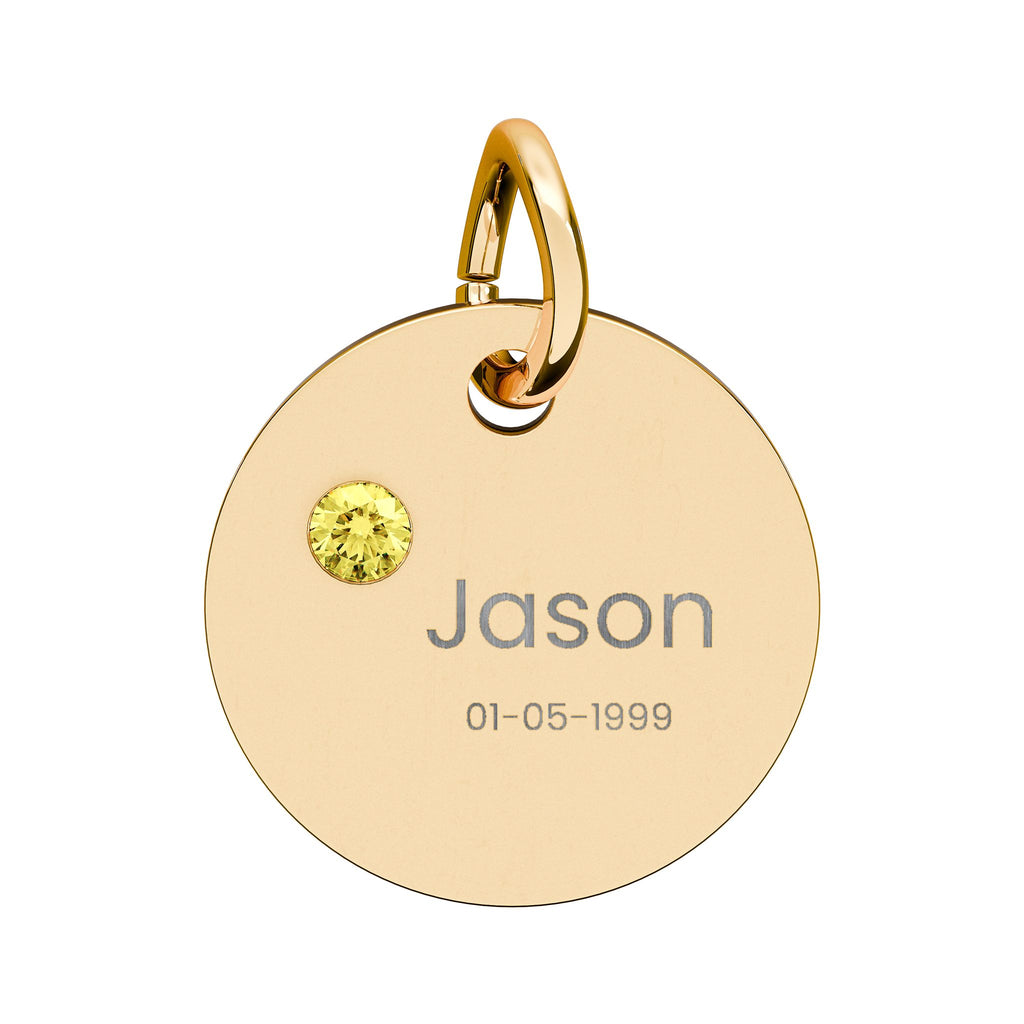 Personalised Circle Birthstone Charm, Rounded Font, gold with colored birthstone (variant preview 11 of 13)
