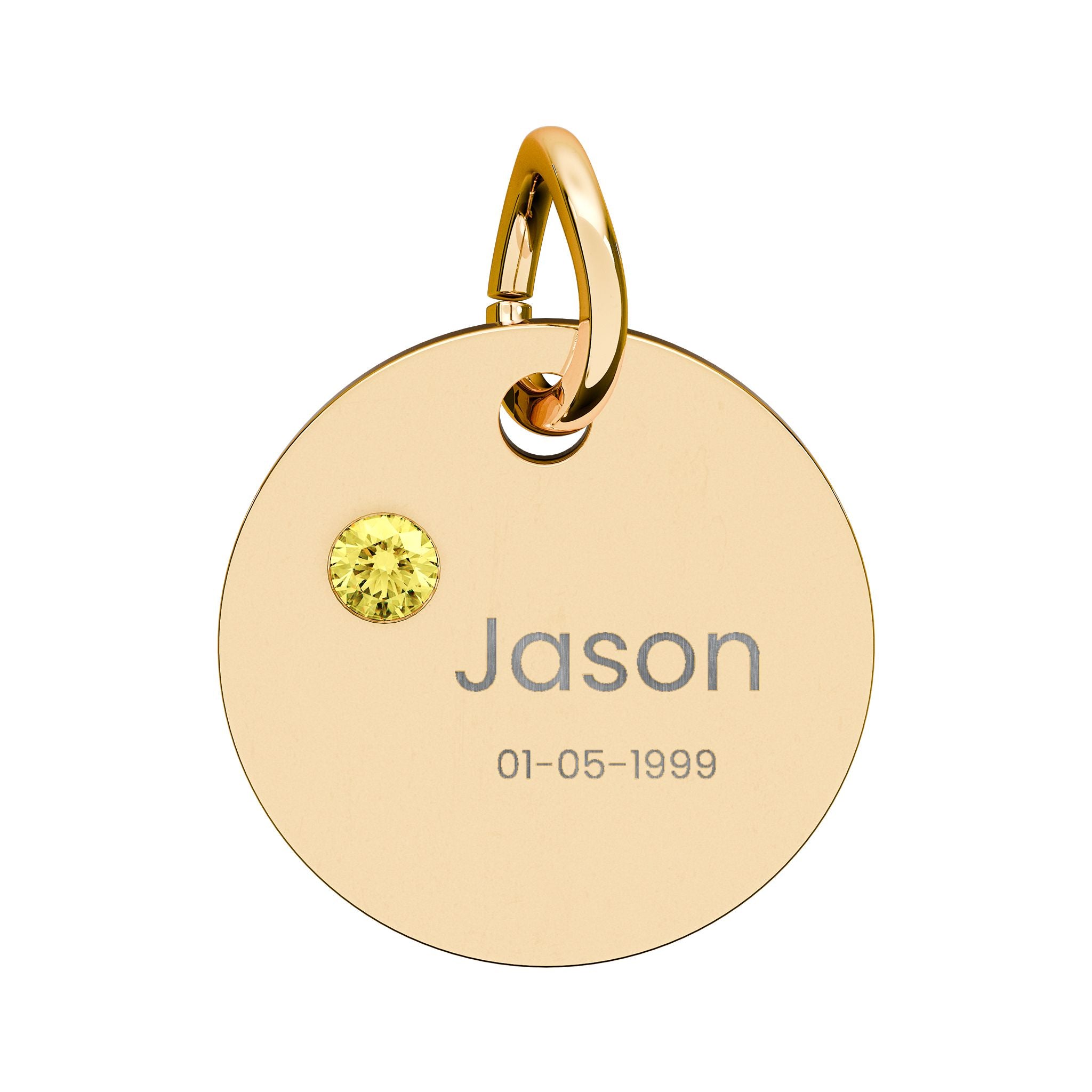 Personalised Circle Birthstone Charm, Rounded Font, gold with colored birthstone (variant preview 11 of 13)