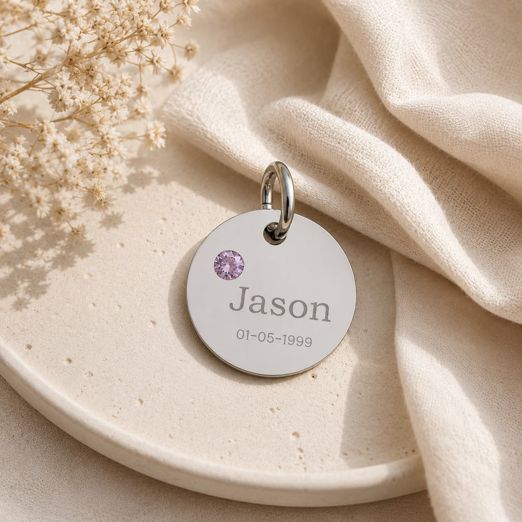 Personalised Circle Birthstone Charm, Rounded Font, lifestyle flat lay shot