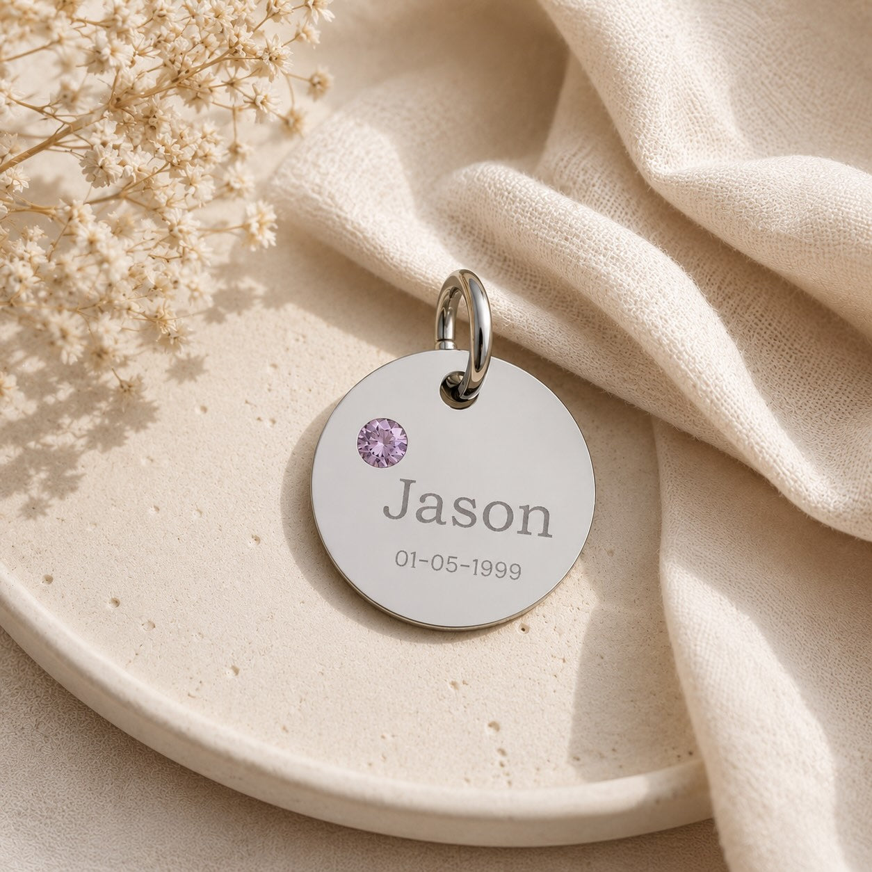 Personalised Circle Birthstone Charm, Rounded Font, lifestyle flat lay shot