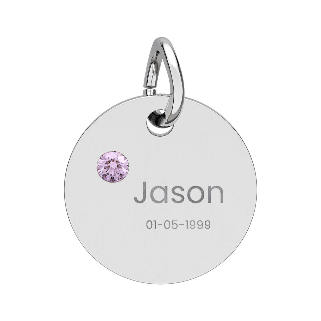 Personalised Circle Birthstone Charm, Rounded Font, stainless steel with Alexandrite birthstone
