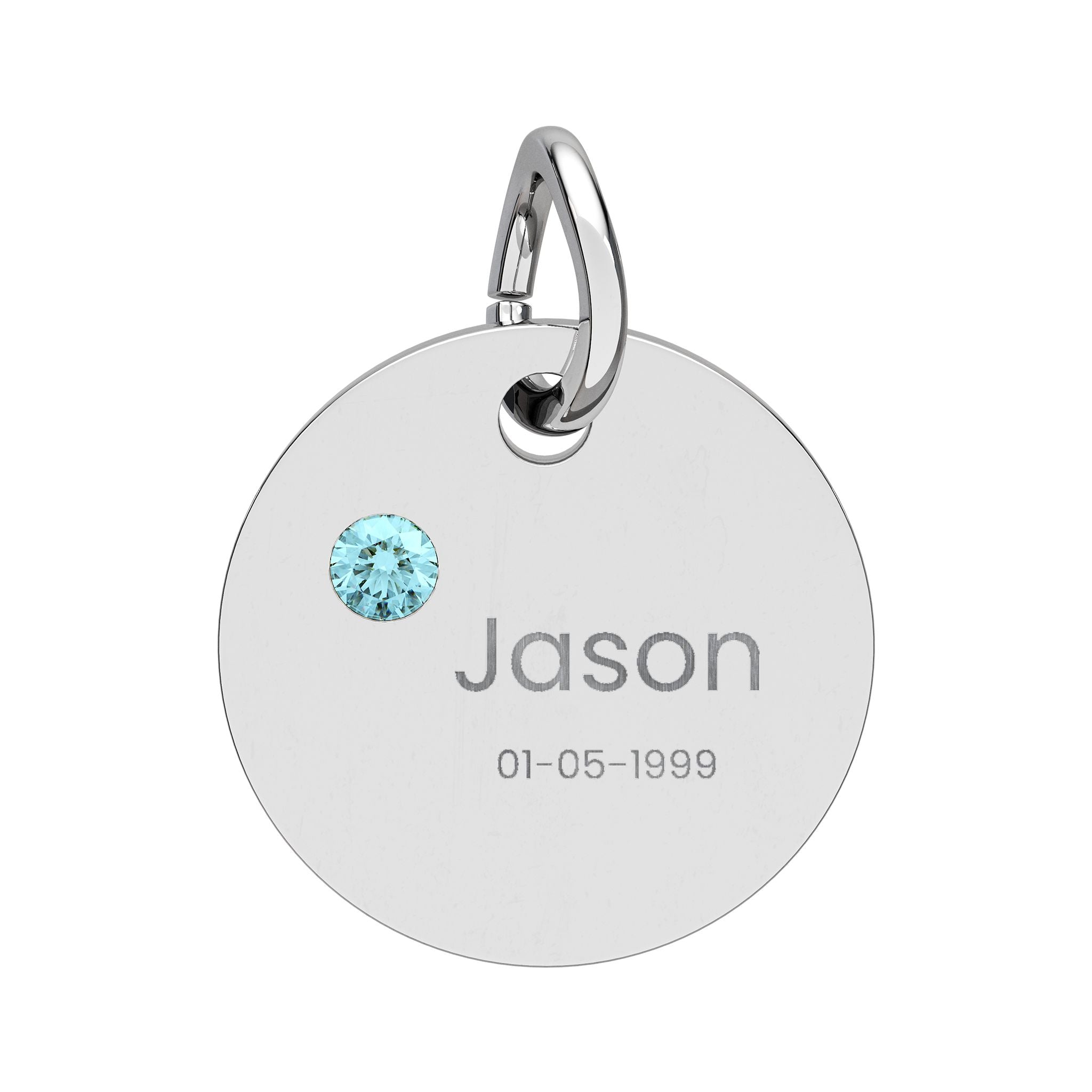 Personalised Circle Birthstone Charm, Rounded Font, stainless steel with Aquamarine birthstone