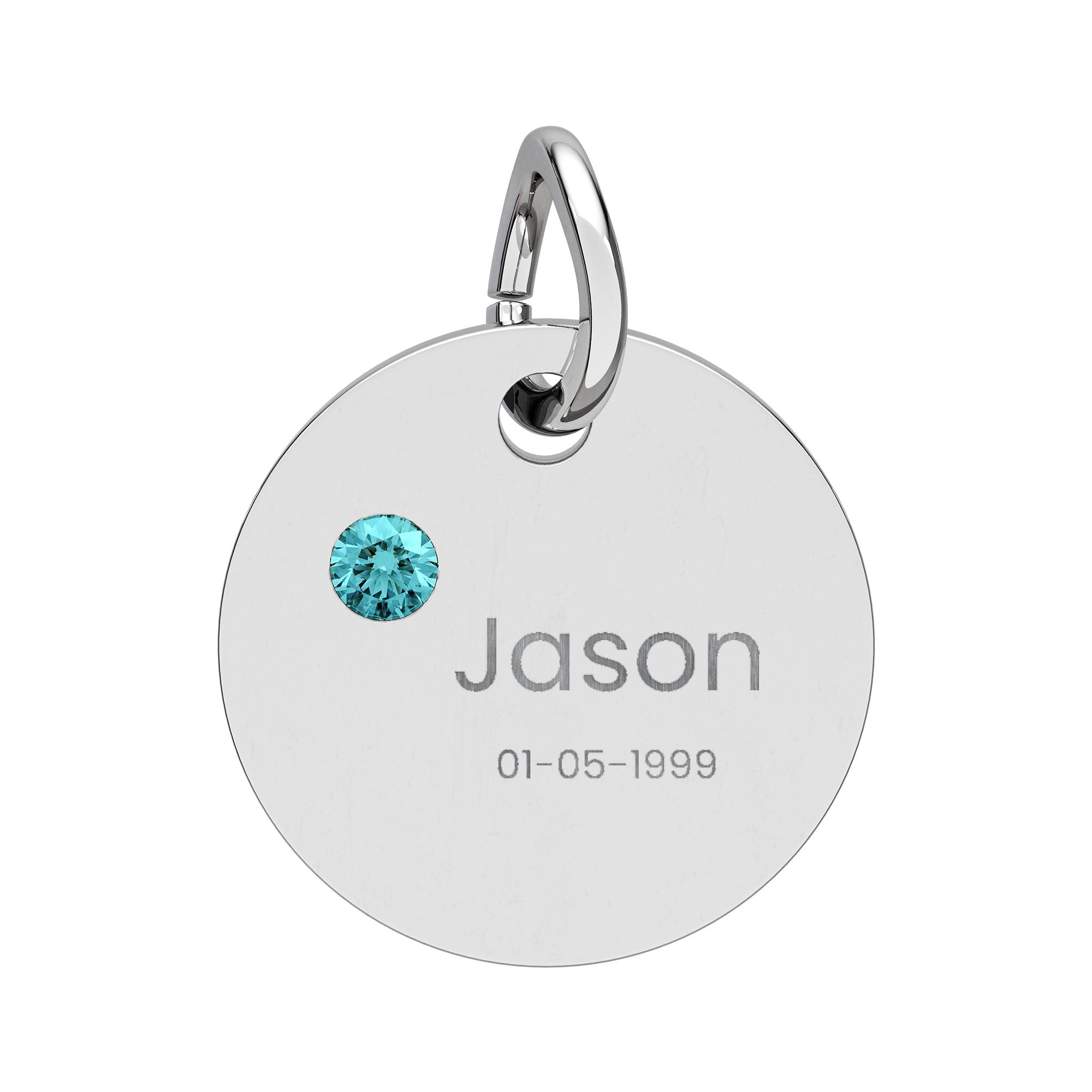 Personalised Circle Birthstone Charm, Rounded Font, stainless steel with Blue Zircon birthstone
