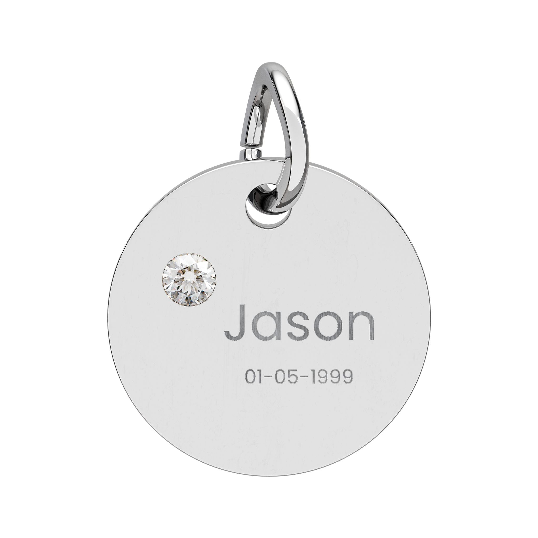 Personalised Circle Birthstone Charm, Rounded Font, stainless steel with Diamond birthstone