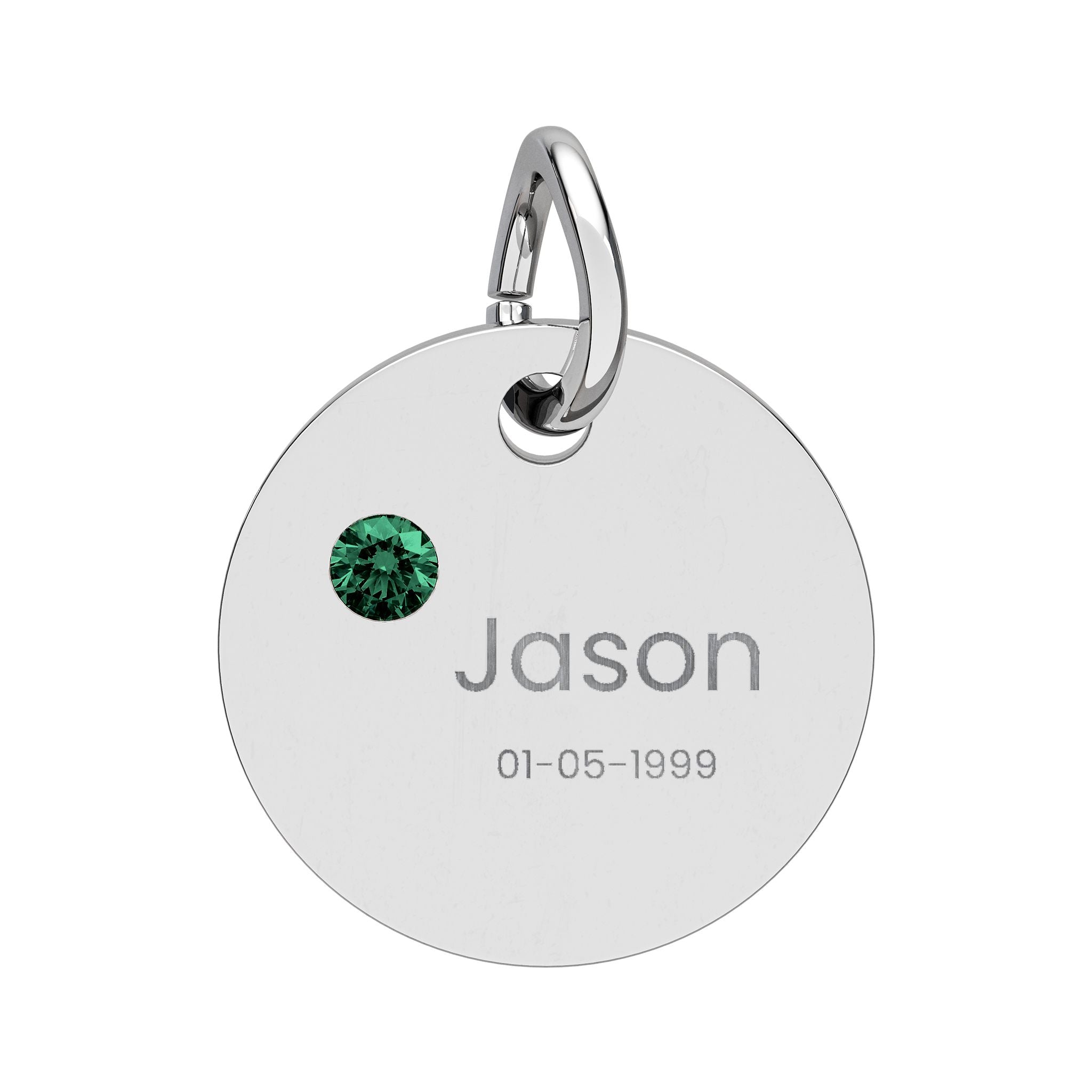 Personalised Circle Birthstone Charm, Rounded Font, stainless steel with Emerald birthstone