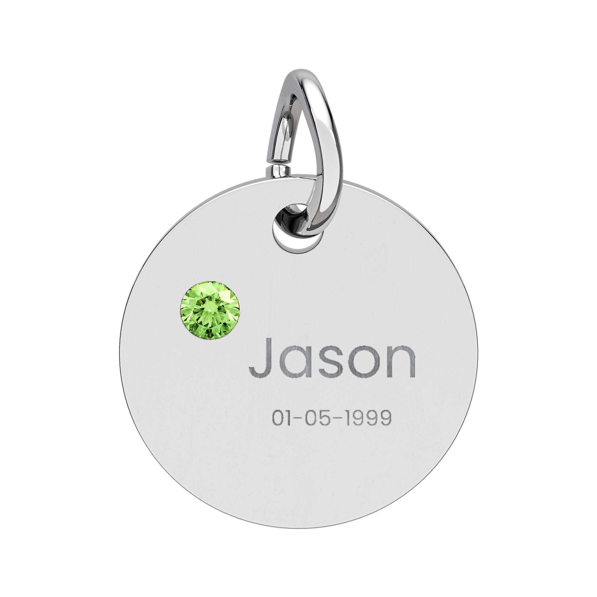 Personalised Circle Birthstone Charm, Rounded Font, stainless steel with Peridot birthstone