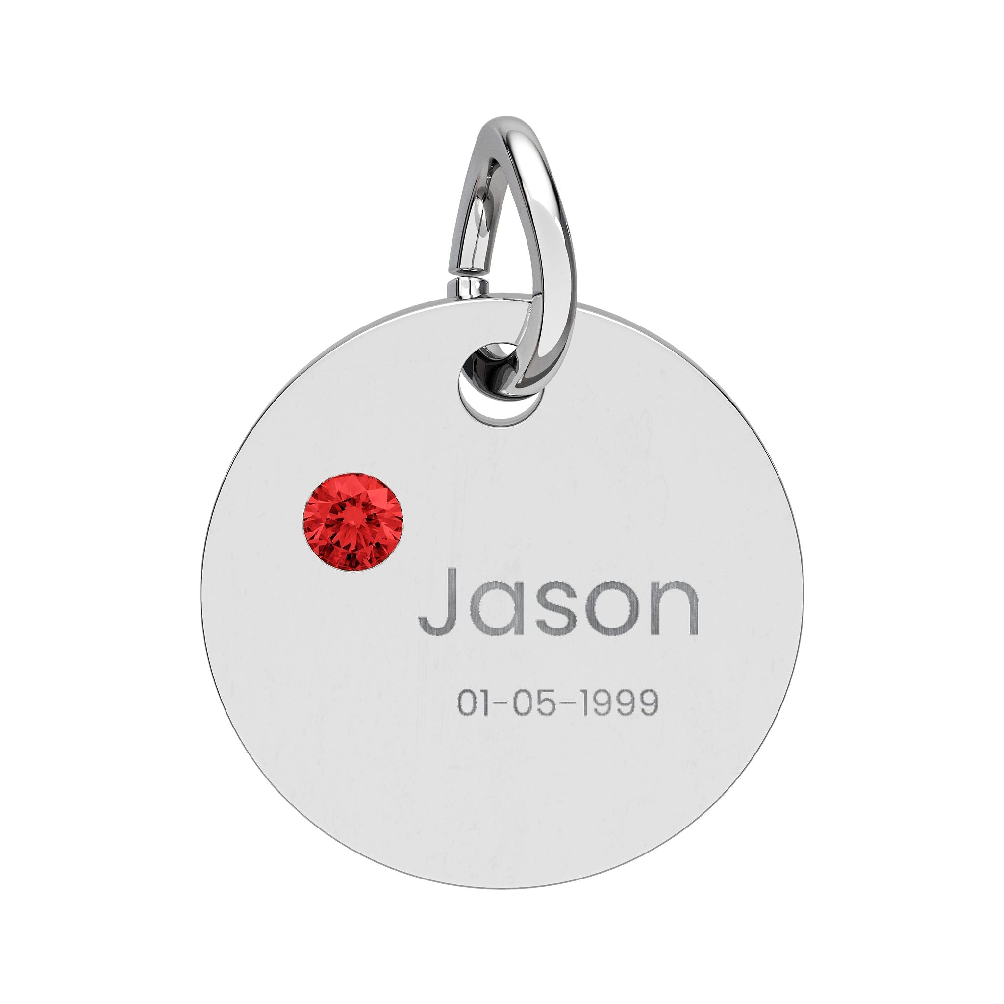 Personalised Circle Birthstone Charm, Rounded Font, stainless steel with Ruby birthstone