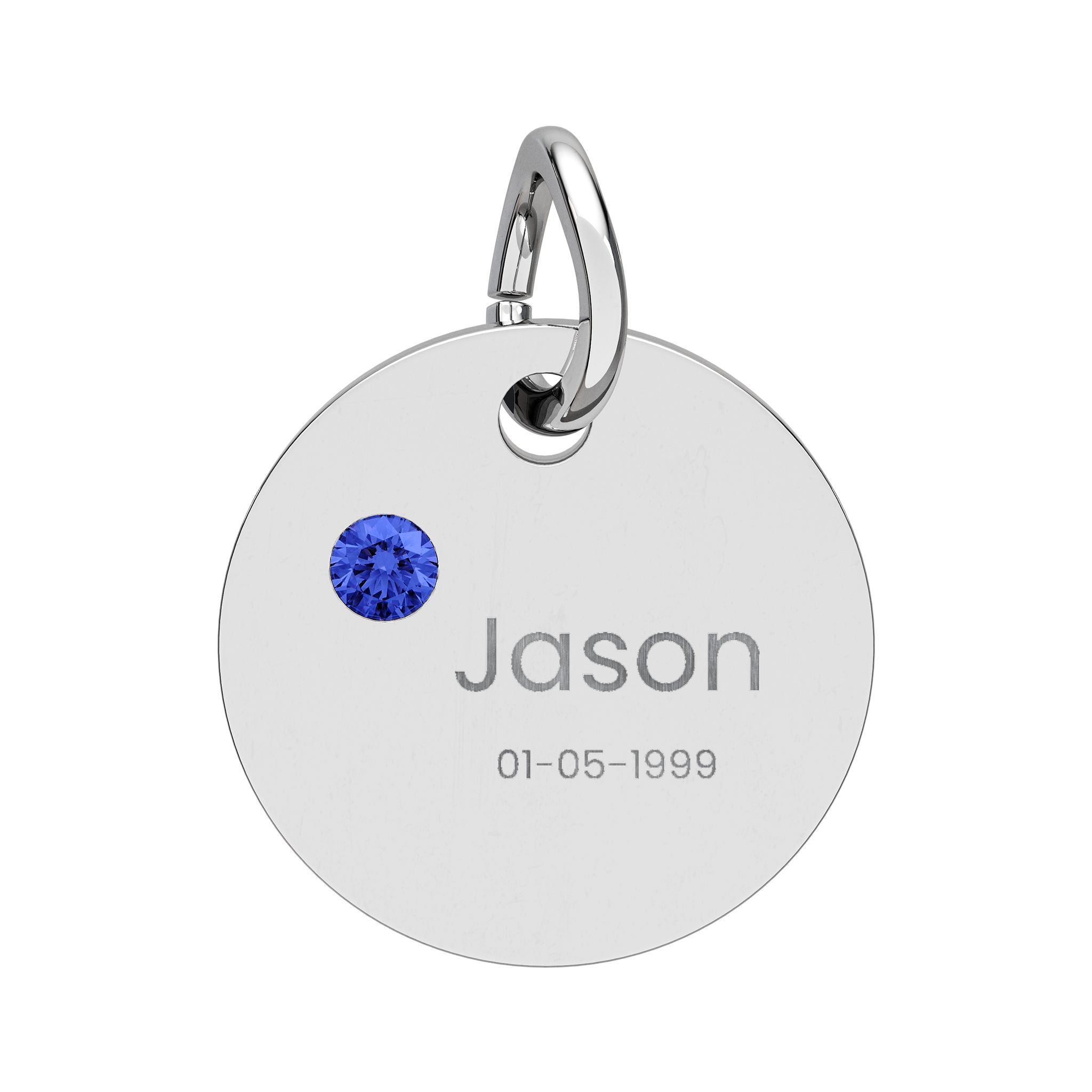 Personalised Circle Birthstone Charm, Rounded Font, stainless steel with Sapphire birthstone
