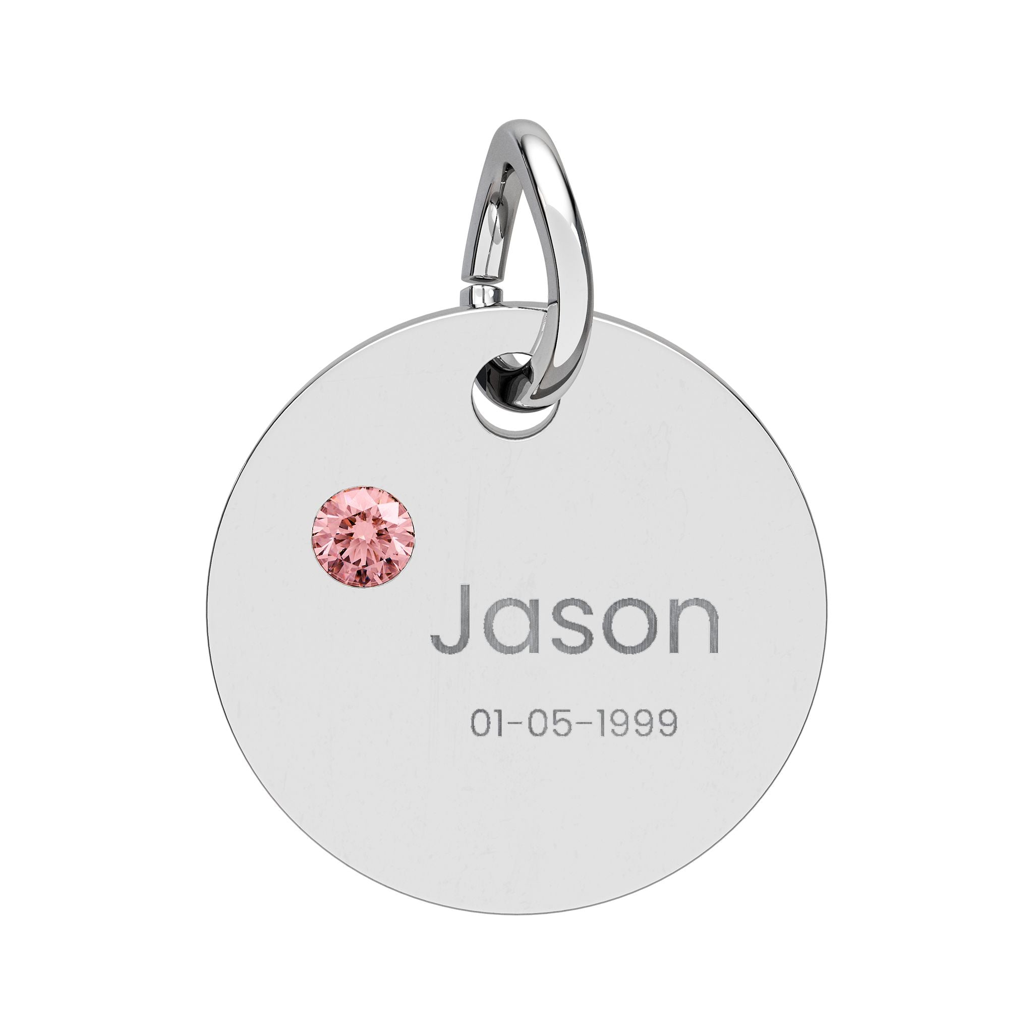 Personalised Circle Birthstone Charm, Rounded Font, stainless steel with Tourmaline birthstone