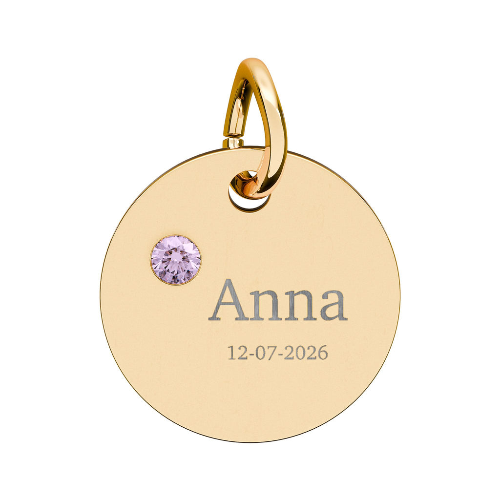 Personalised Circle Birthstone Charm, Serif Font, gold with colored birthstone (variant preview 2 of 13)