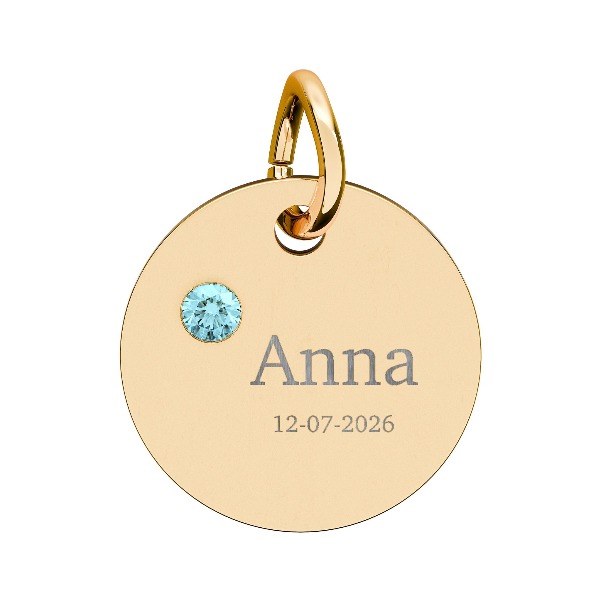 Personalised Circle Birthstone Charm, Serif Font, gold with colored birthstone (variant preview 4 of 13)