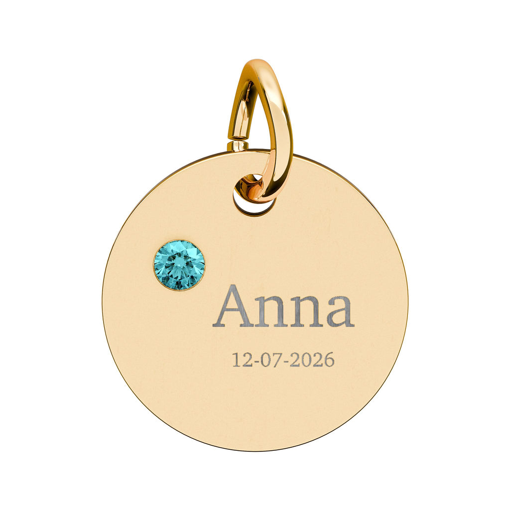 Personalised Circle Birthstone Charm, Serif Font, gold with colored birthstone (variant preview 5 of 13)