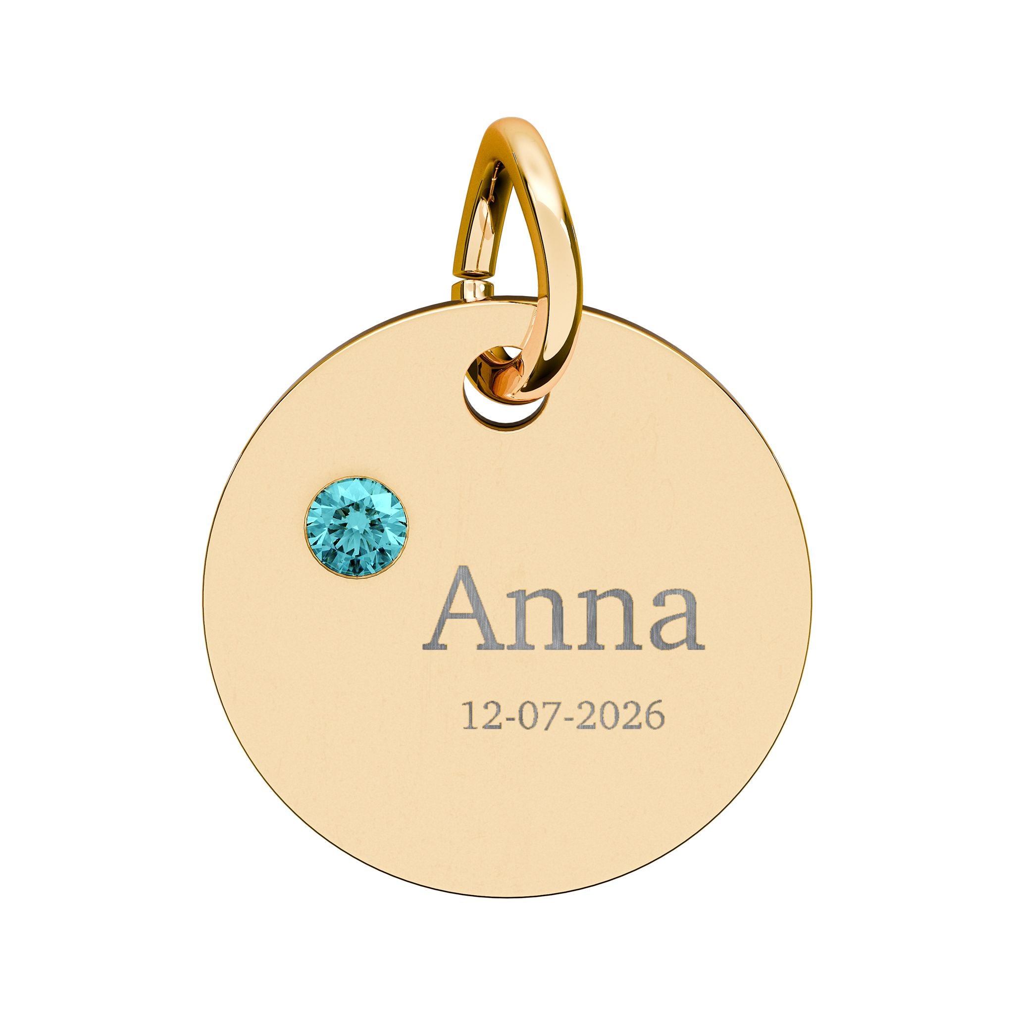 Personalised Circle Birthstone Charm, Serif Font, gold with colored birthstone (variant preview 5 of 13)