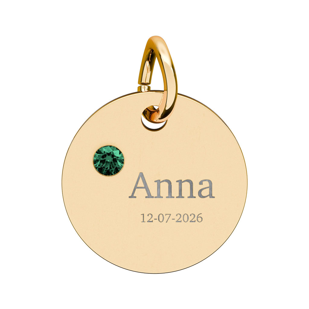 Personalised Circle Birthstone Charm, Serif Font, gold with colored birthstone (variant preview 7 of 13)