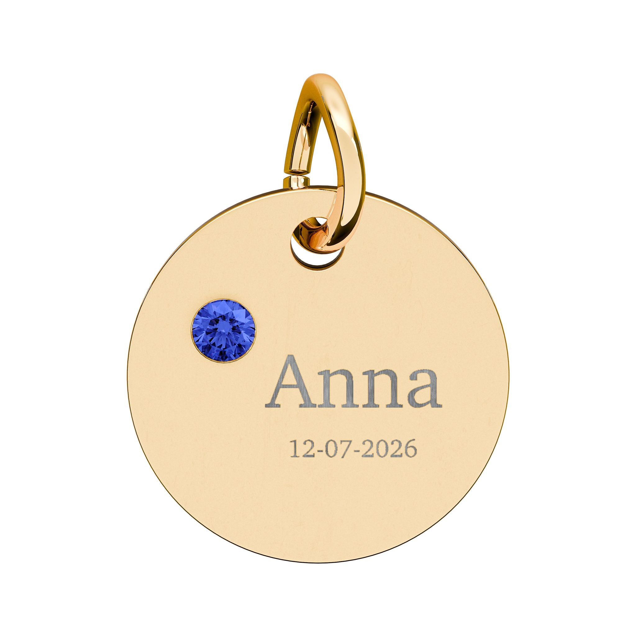 Personalised Circle Birthstone Charm, Serif Font, gold with colored birthstone (variant preview 11 of 13)