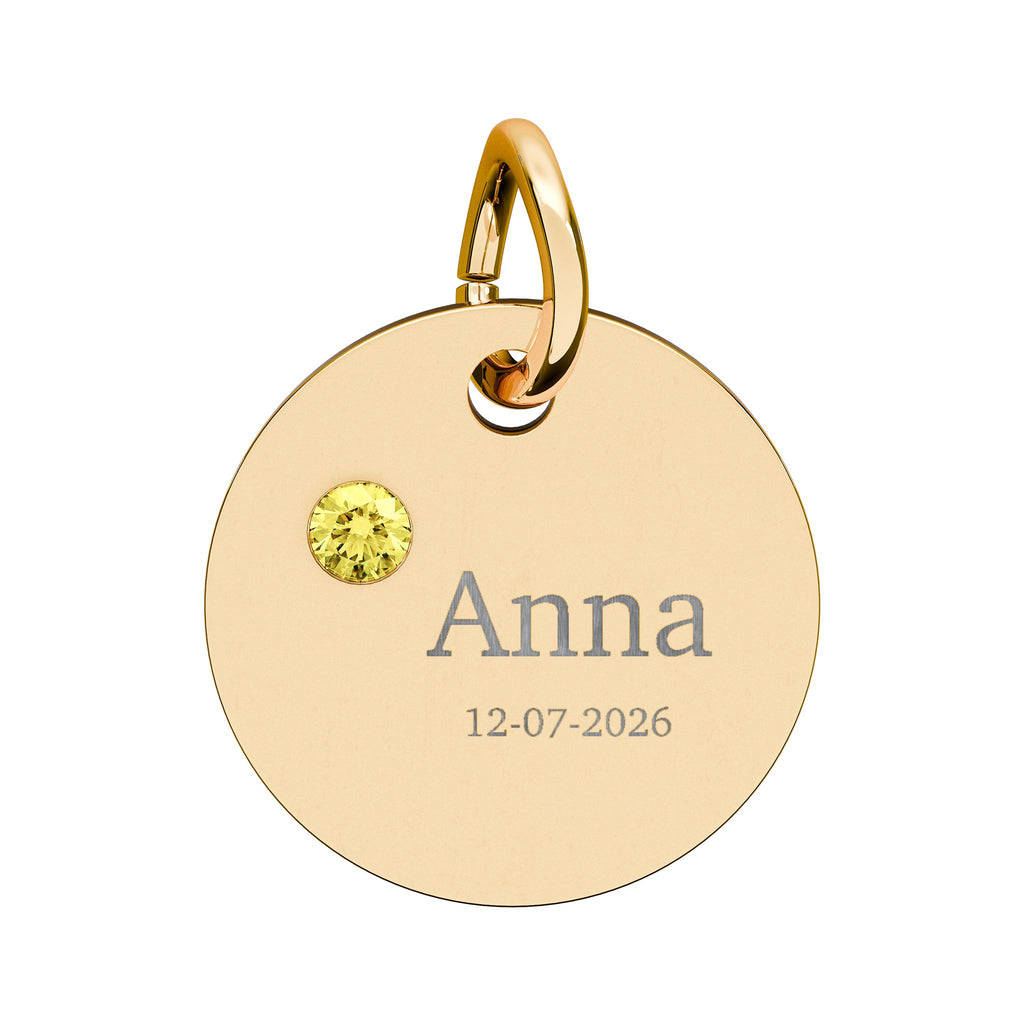 Personalised Circle Birthstone Charm, Serif Font, gold with colored birthstone (variant preview 12 of 13)