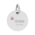 Personalised Circle Birthstone Charm, Serif Font, stainless steel with Alexandrite birthstone