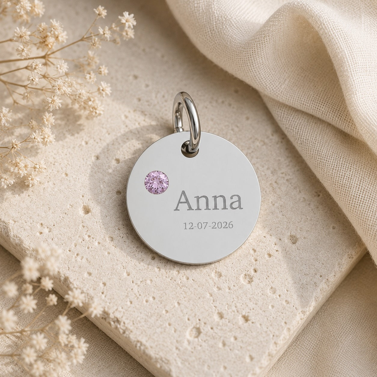 Personalised Circle Birthstone Charm, Serif Font, stainless steel with Amethyst birthstone
