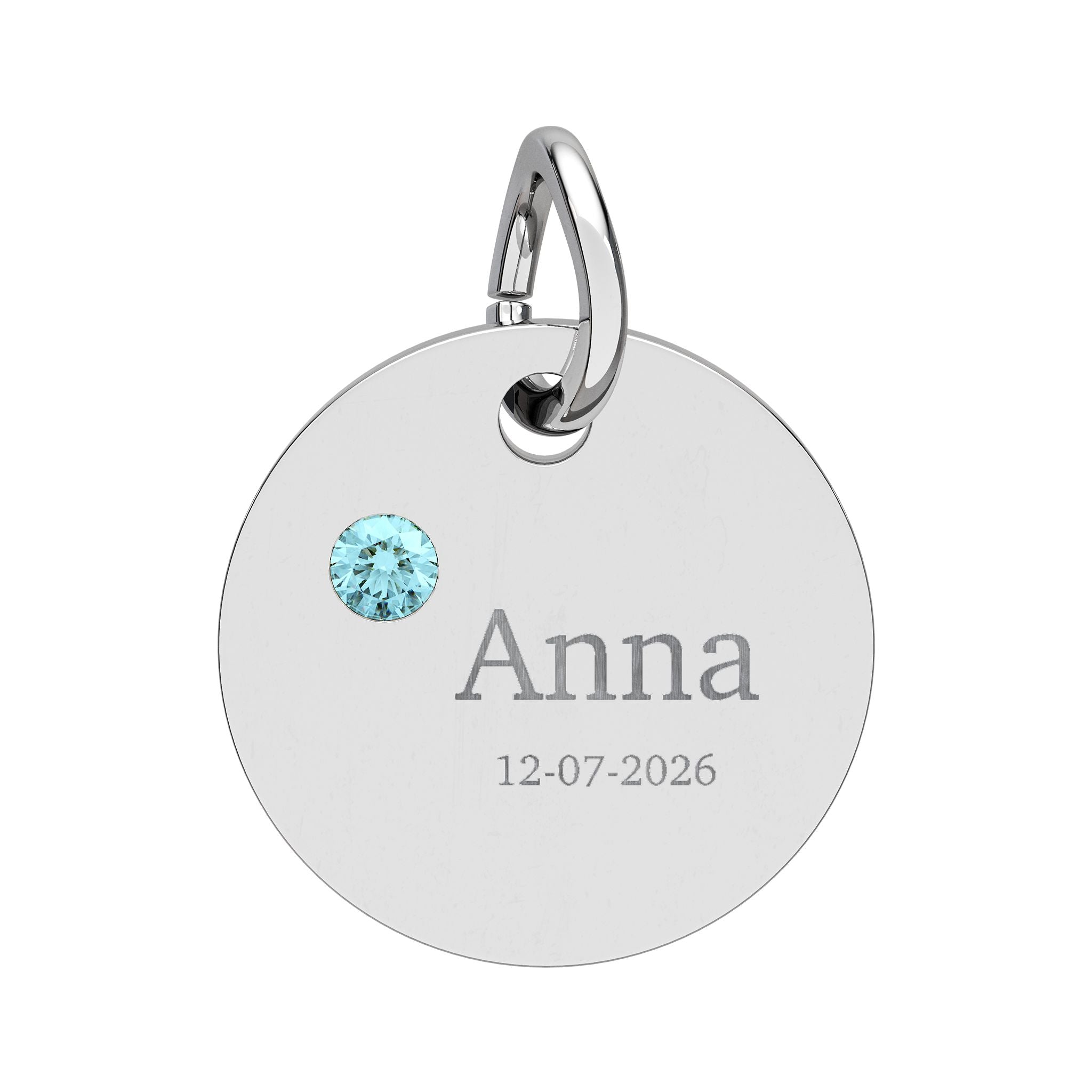 Personalised Circle Birthstone Charm, Serif Font, stainless steel with Aquamarine birthstone