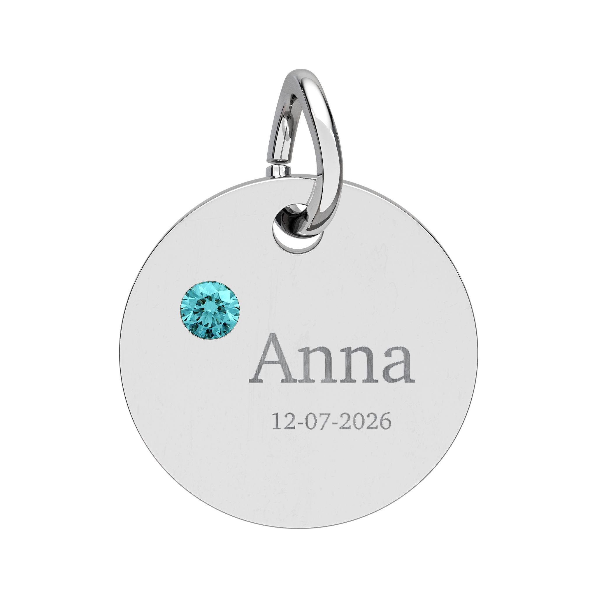 Personalised Circle Birthstone Charm, Serif Font, stainless steel with Blue Zircon birthstone