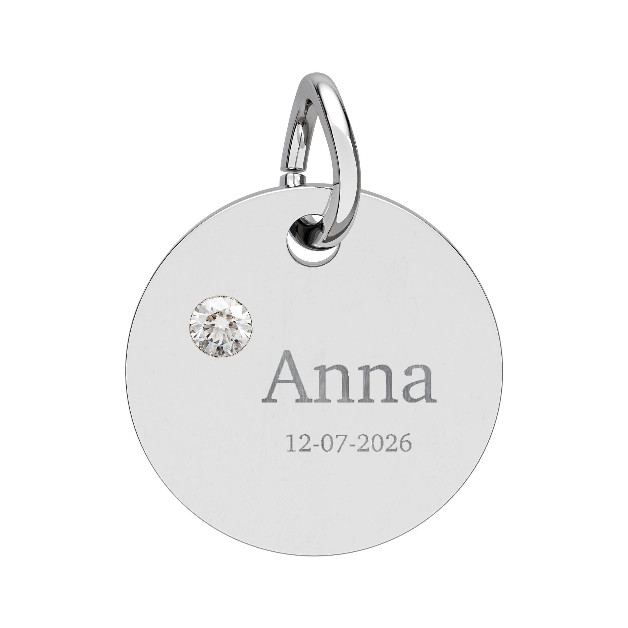 Personalised Circle Birthstone Charm, Serif Font, stainless steel with Diamond birthstone