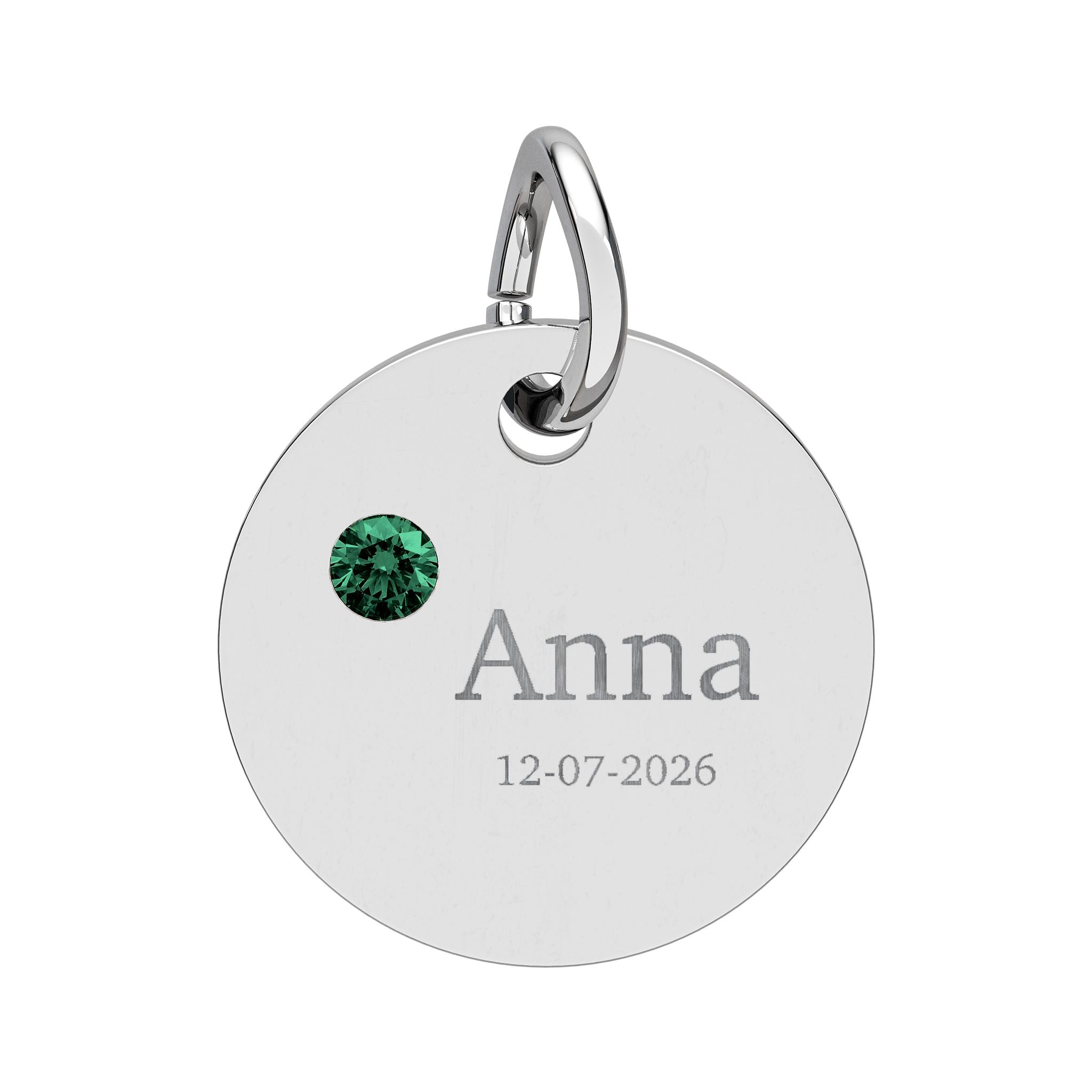 Personalised Circle Birthstone Charm, Serif Font, stainless steel with Emerald birthstone