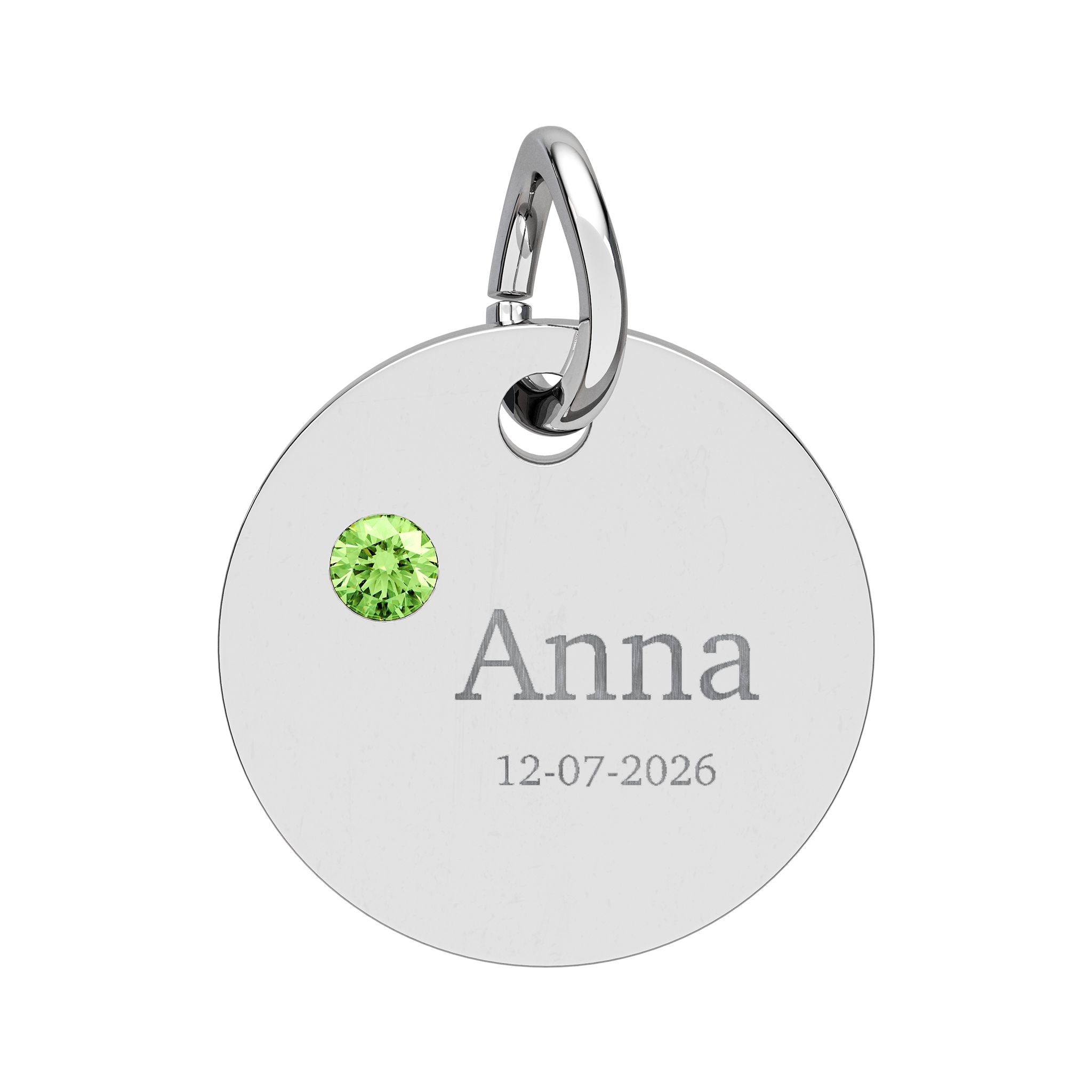 Personalised Circle Birthstone Charm, Serif Font, stainless steel with Peridot birthstone